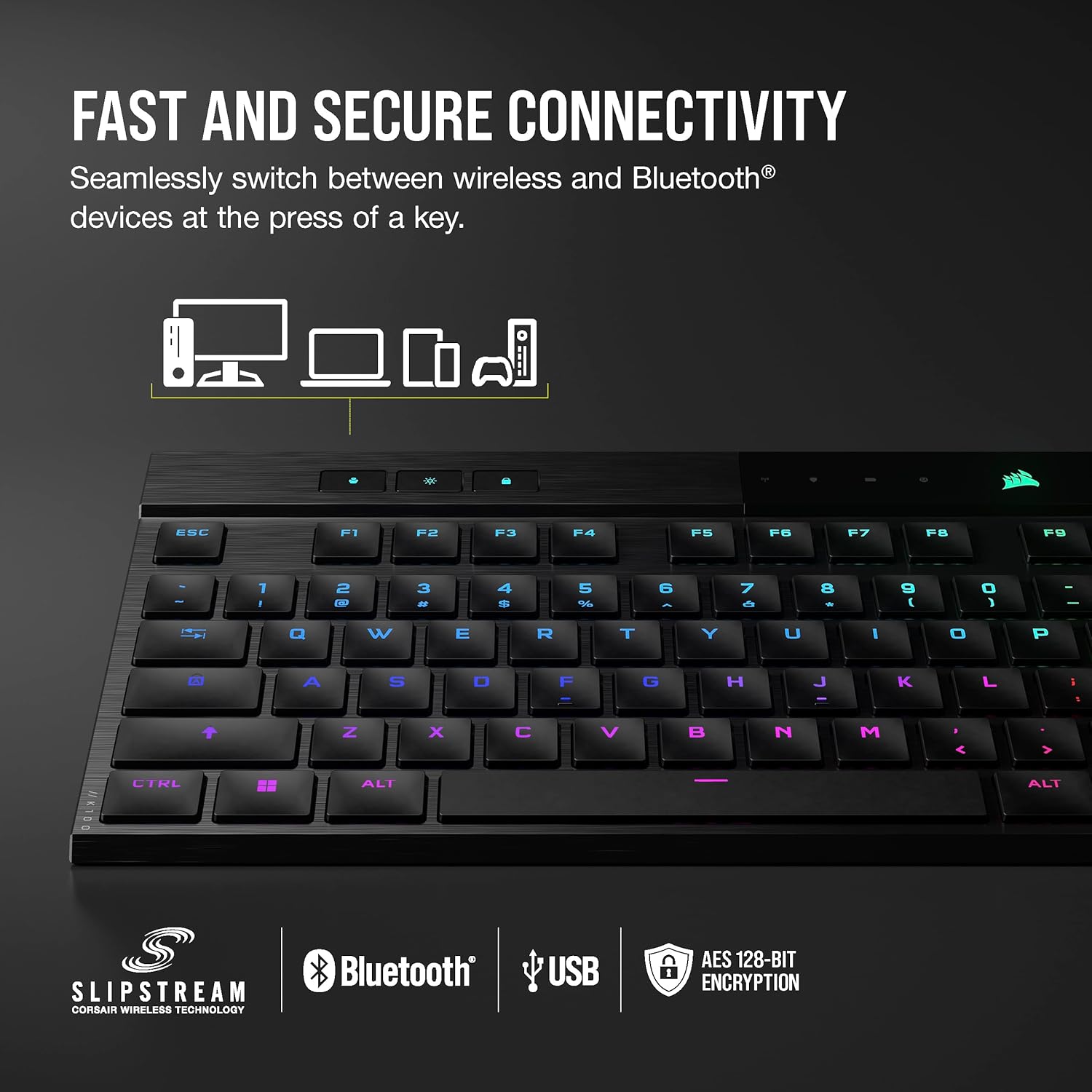 Thumbnail 2 de Corsair K100 AIR Wireless RGB Mechanical Gaming Keyboard (Cherry MX Ultra Low Profile) — Ultra-Thin 11mm, Sub-1ms Slipstream, Black (NA QWERTY)