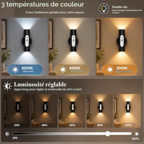 Thumbnail 2 de WOBSION Applique Murale LED avec Détecteur de Mouvement et Télécommande – Lot de 2 (Noir)
