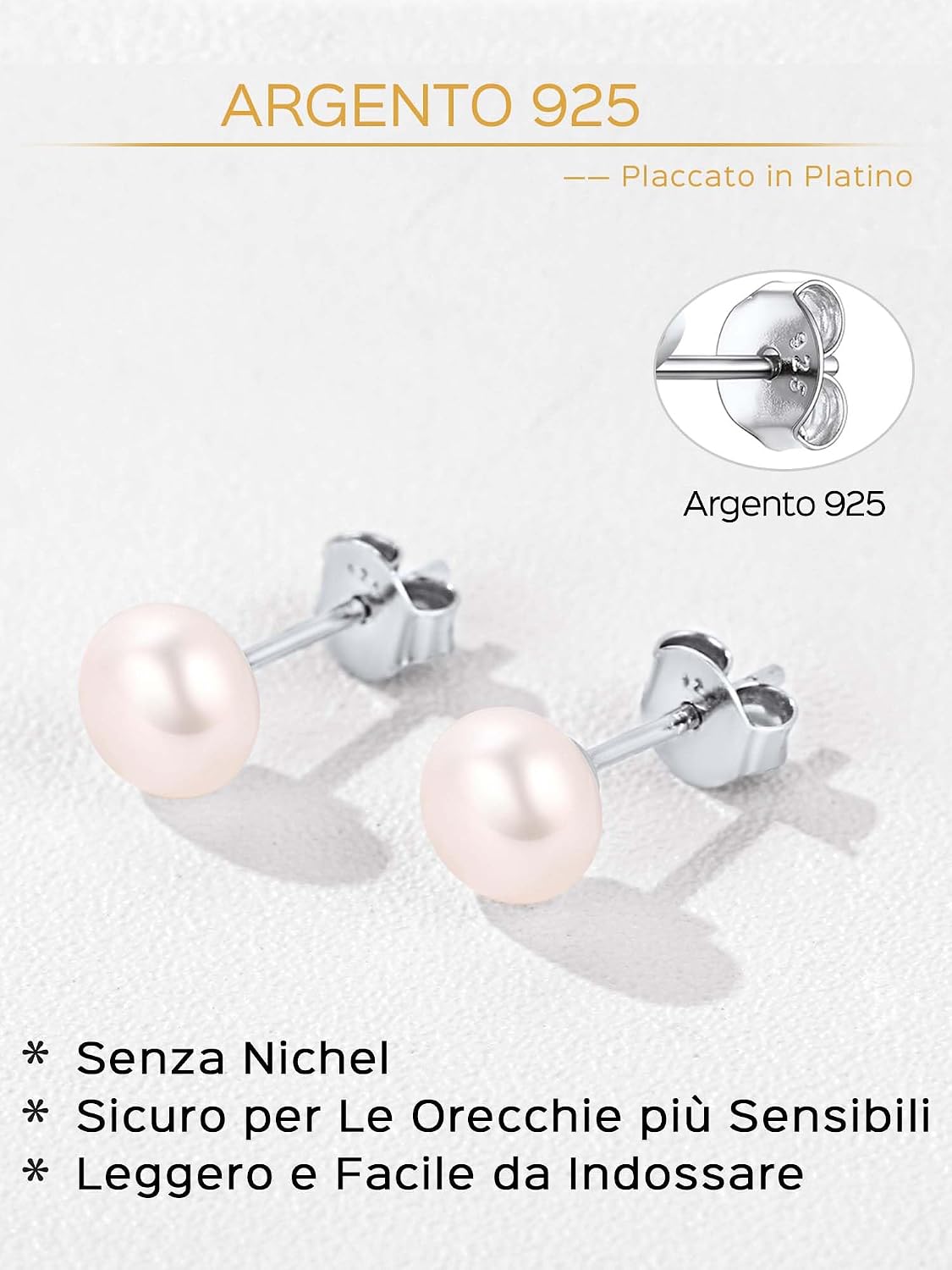 Detalle de ChicSilver Orecchini Perle Donna Argento 925 – Varie Dimensioni 4/6/8/10 mm