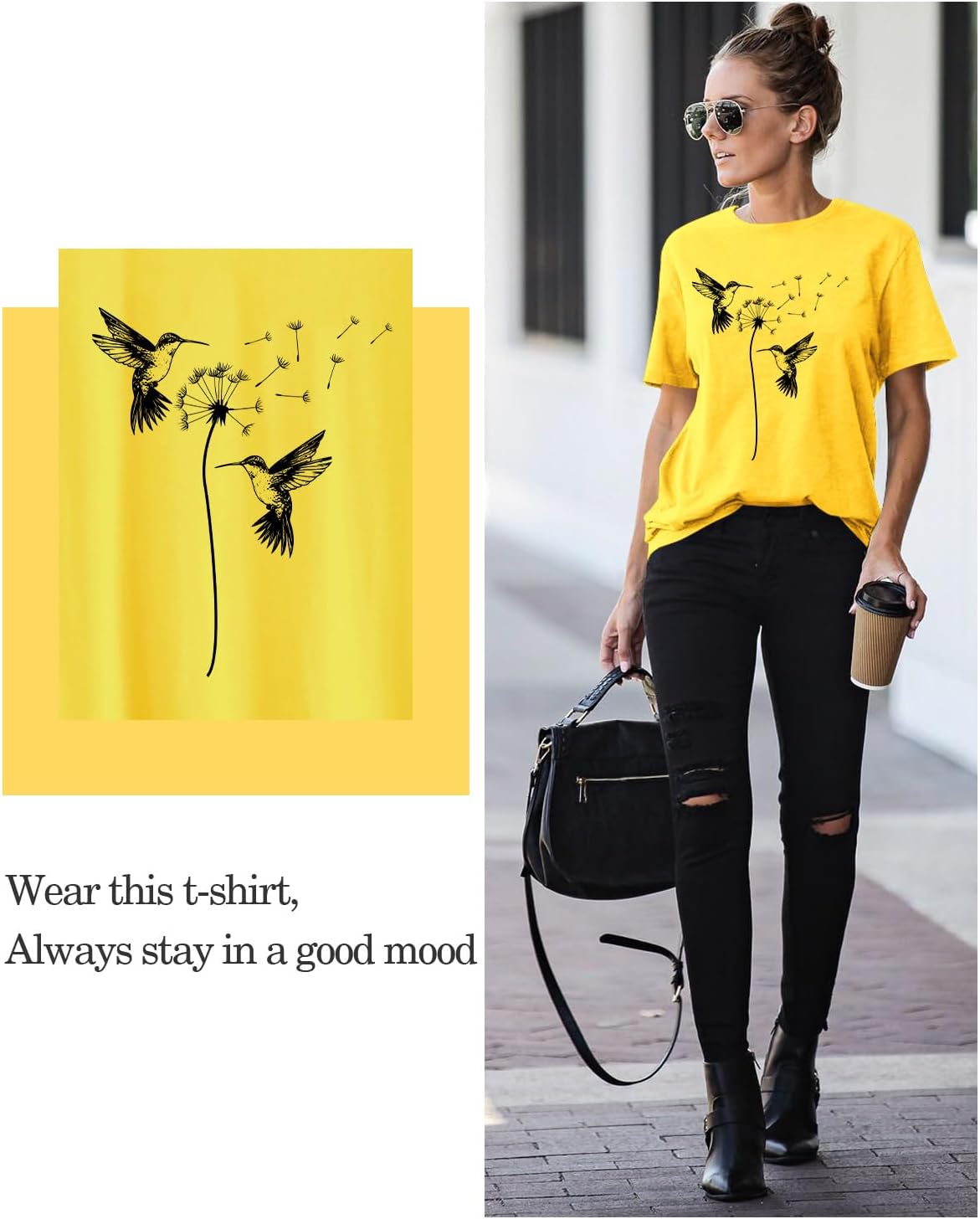 Detalle de WIEIYM Women's Dandelion Bird Printed T-Shirt – Casual Summer Top