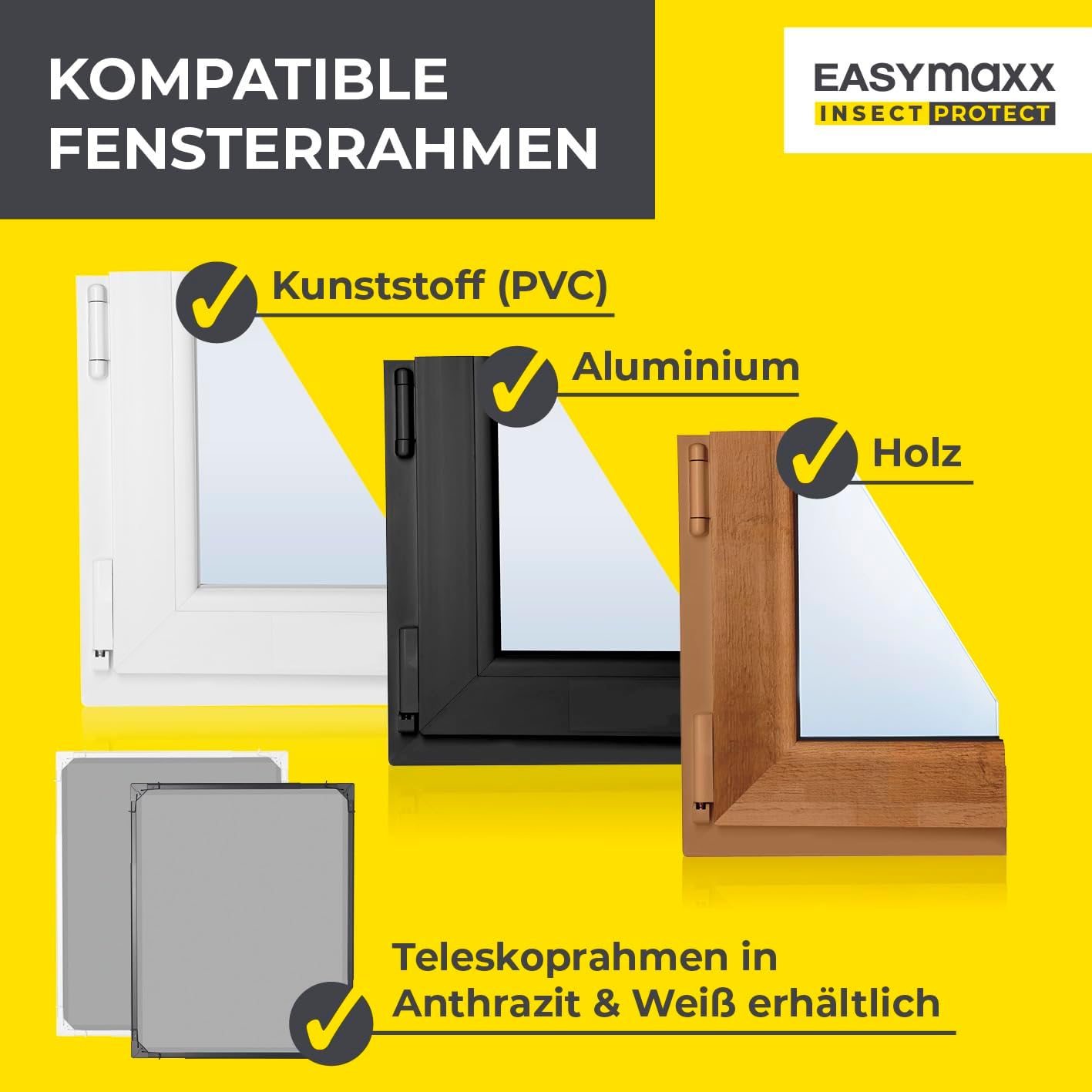 Thumbnail 4 de EASYmaxx Insect Protect Teleskop-Insektenschutzgitter für Fenster mit vormontiertem Rahmen (anthrazit)