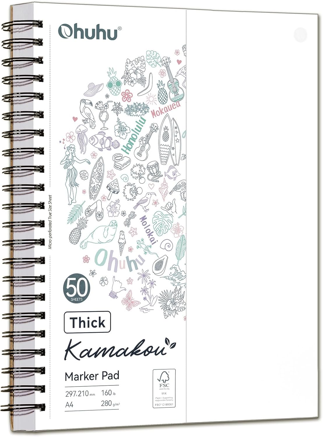 Detalle de Ohuhu A4 Bleedproof Sketchbook (280GSM), Double-Sided Marker Pad, 50 Sheets (100 Pages) – Spiral Bound