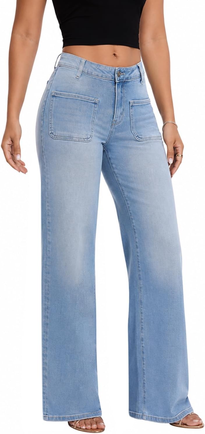 Detalle de ONESO Wide-Leg Jeans for Women, Mid-Low Rise Stretch Denim with Front Patch Pockets