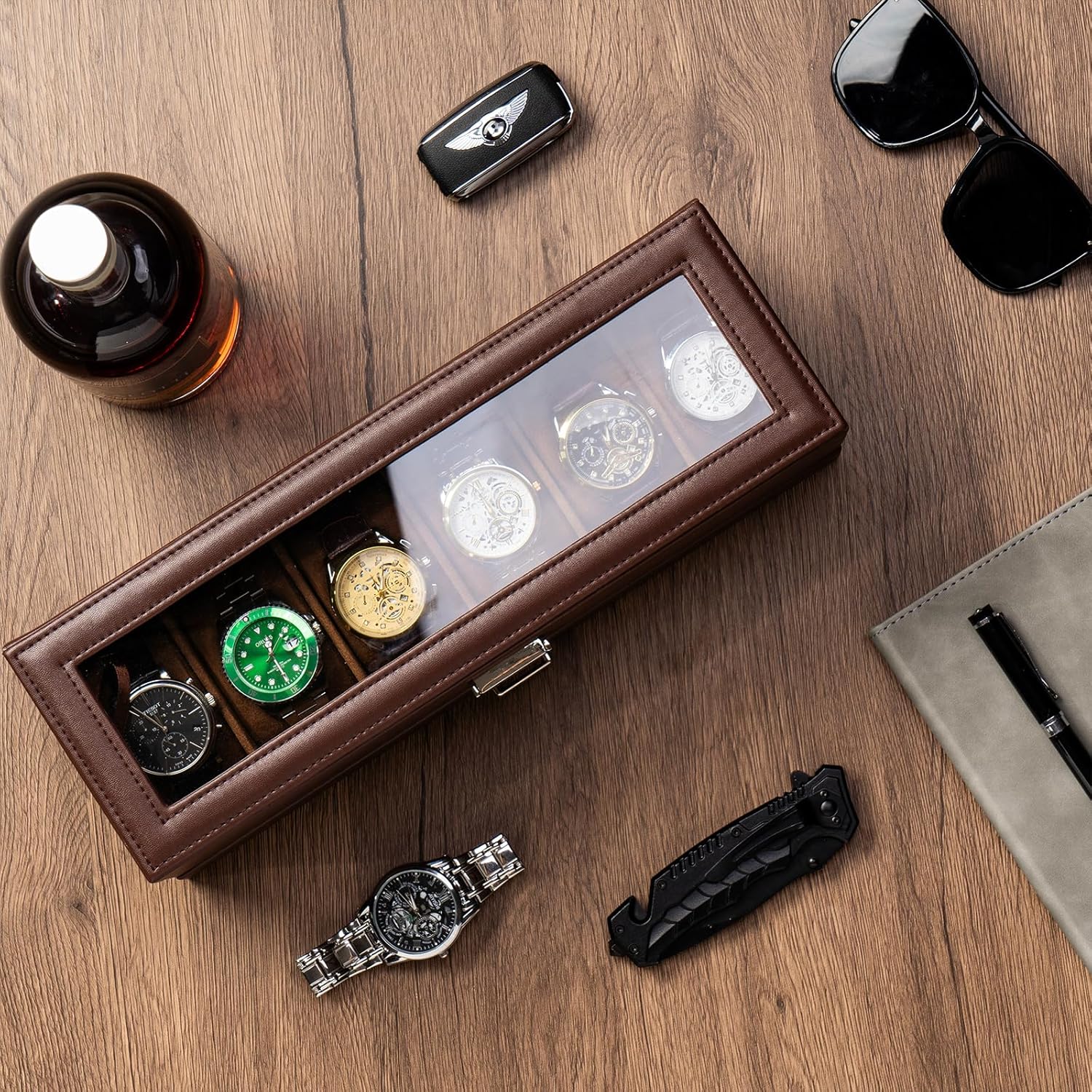 Detalle de ProCase caja de relojes de 6 ranuras con cajón y tapa de cristal (2 capas) – café