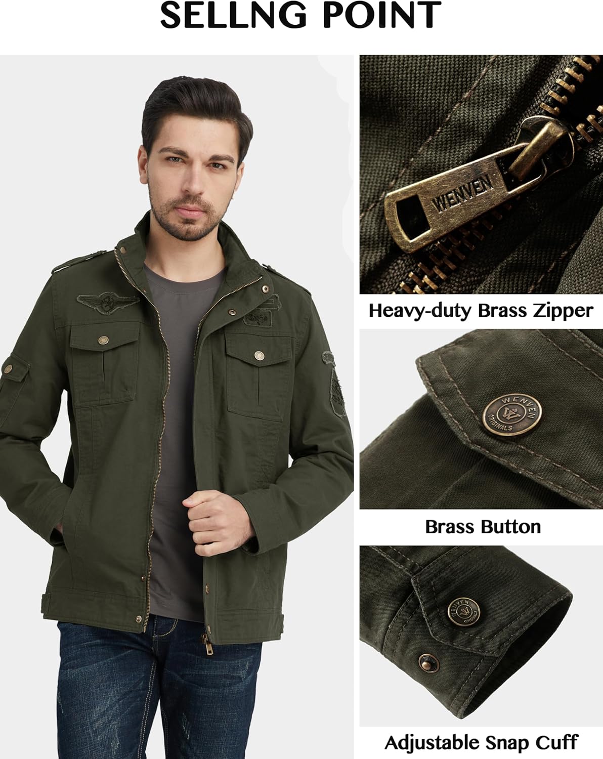 Thumbnail 4 de WenVen Giacca da Uomo in Cotone Classica con Zip Antivento e Tasche (giubbotto/cappotto casual)