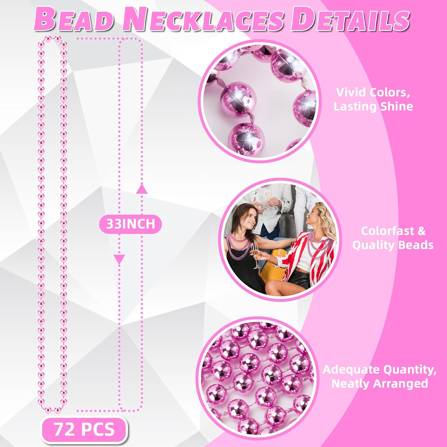 Thumbnail 2 de YAXINRUI 72-Piece Pink Beaded Necklace Set (33-Inch Round Mardi Gras Beads)