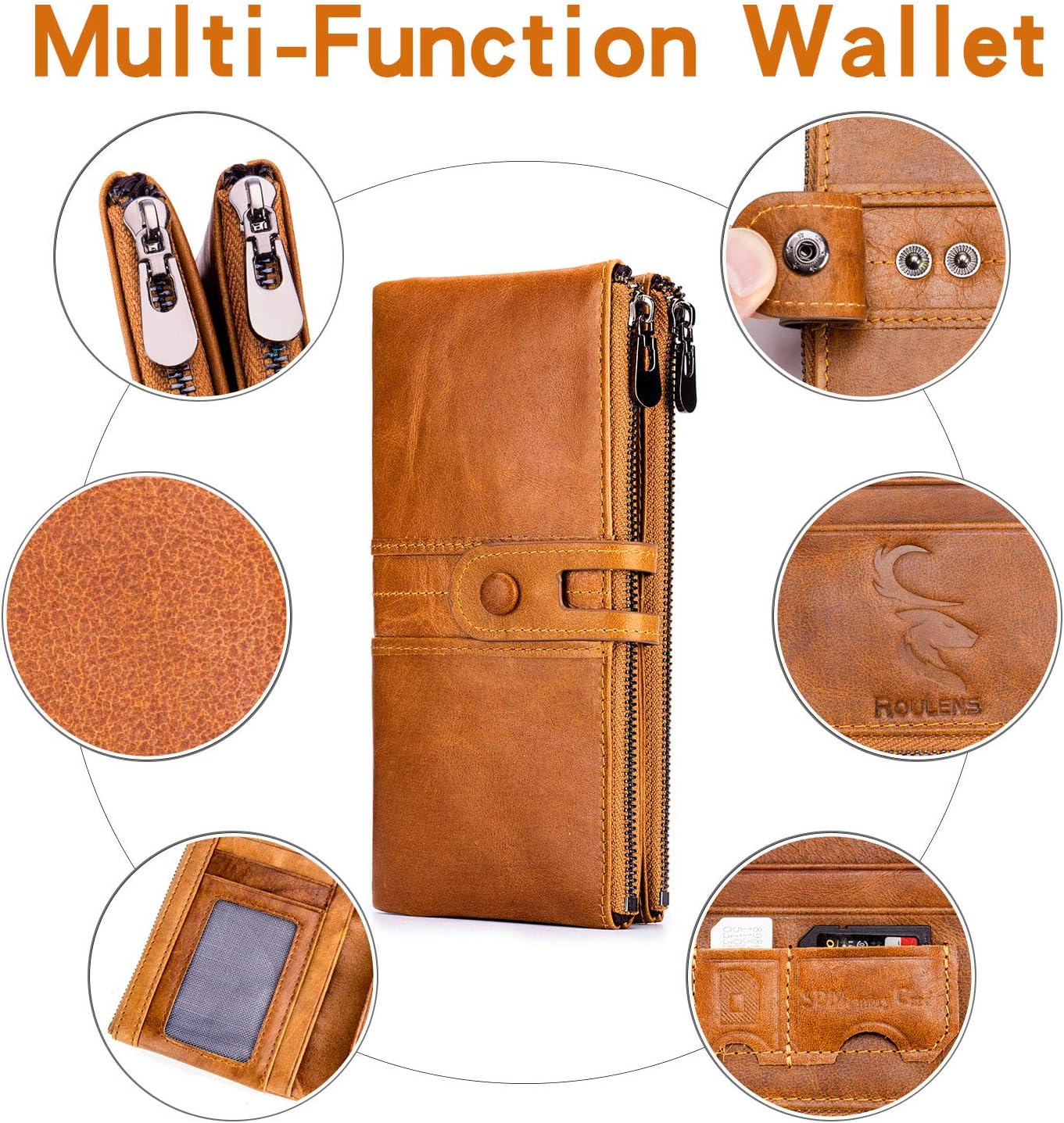 Detalle de Roulens Genuine Leather women’s slim zip bifold clutch wallet with RFID blocking