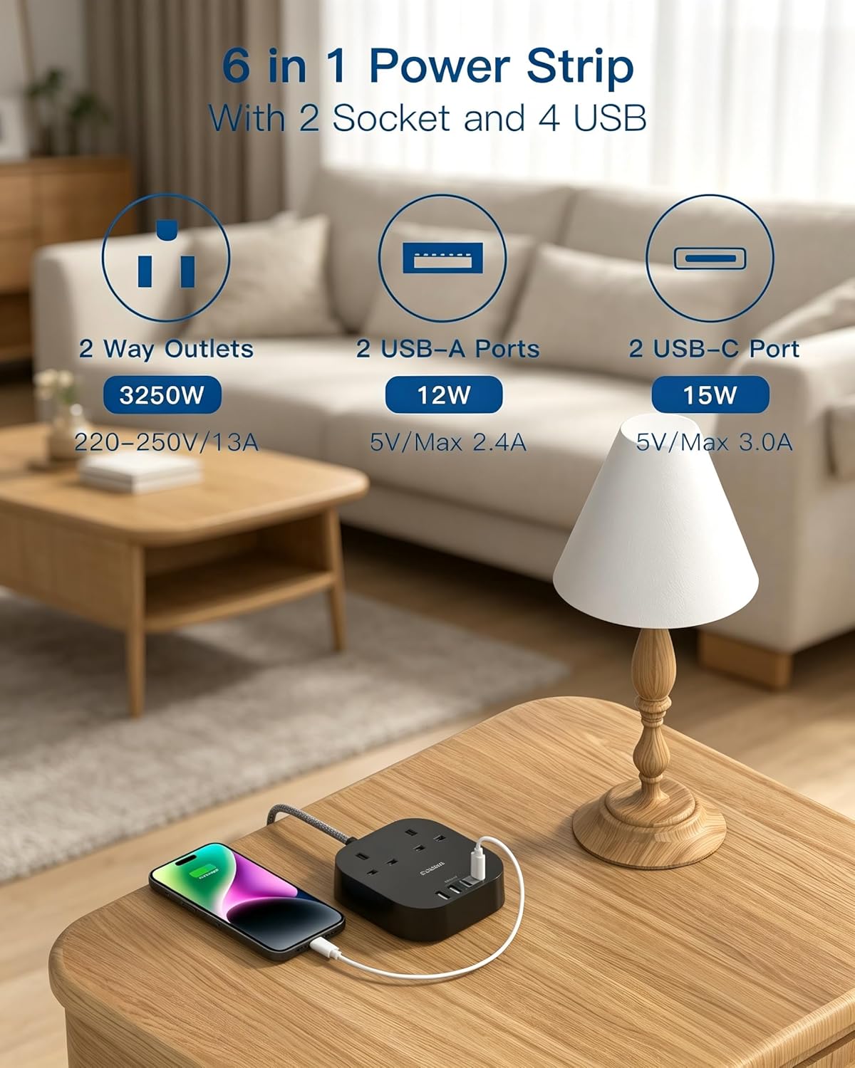 Detalle de Addtam 5M Extension Lead with USB Slots and Braided Cord – 2 UK Outlets, 4 USB Ports (2x USB-C, 2x USB-A) with Surge Protection