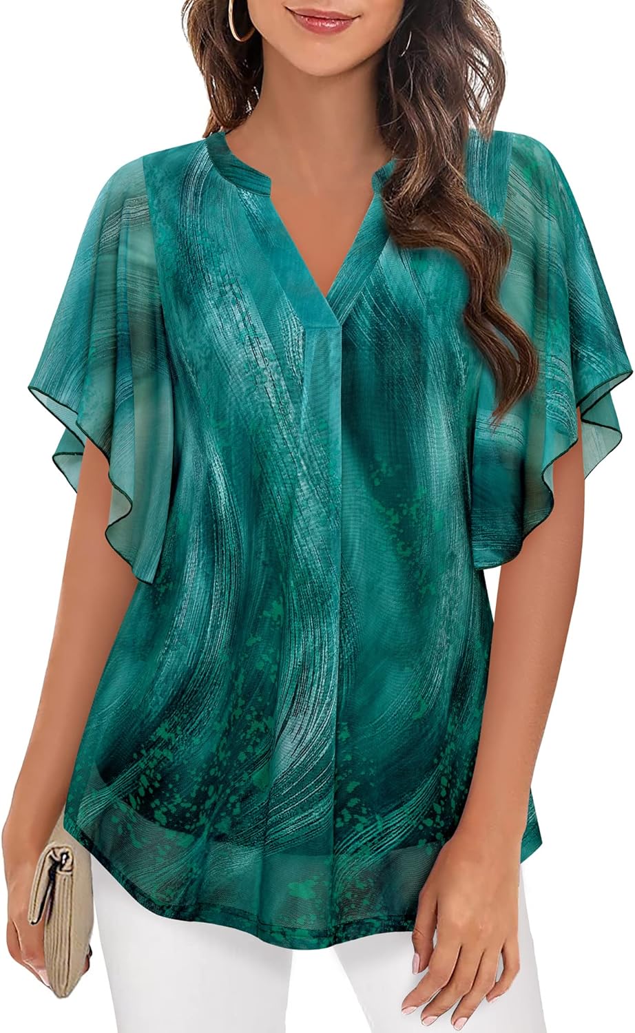 Detalle de Timeson Women’s Short Sleeve V-Neck Blouses Floral Double-Layer Mesh Tunic Tops