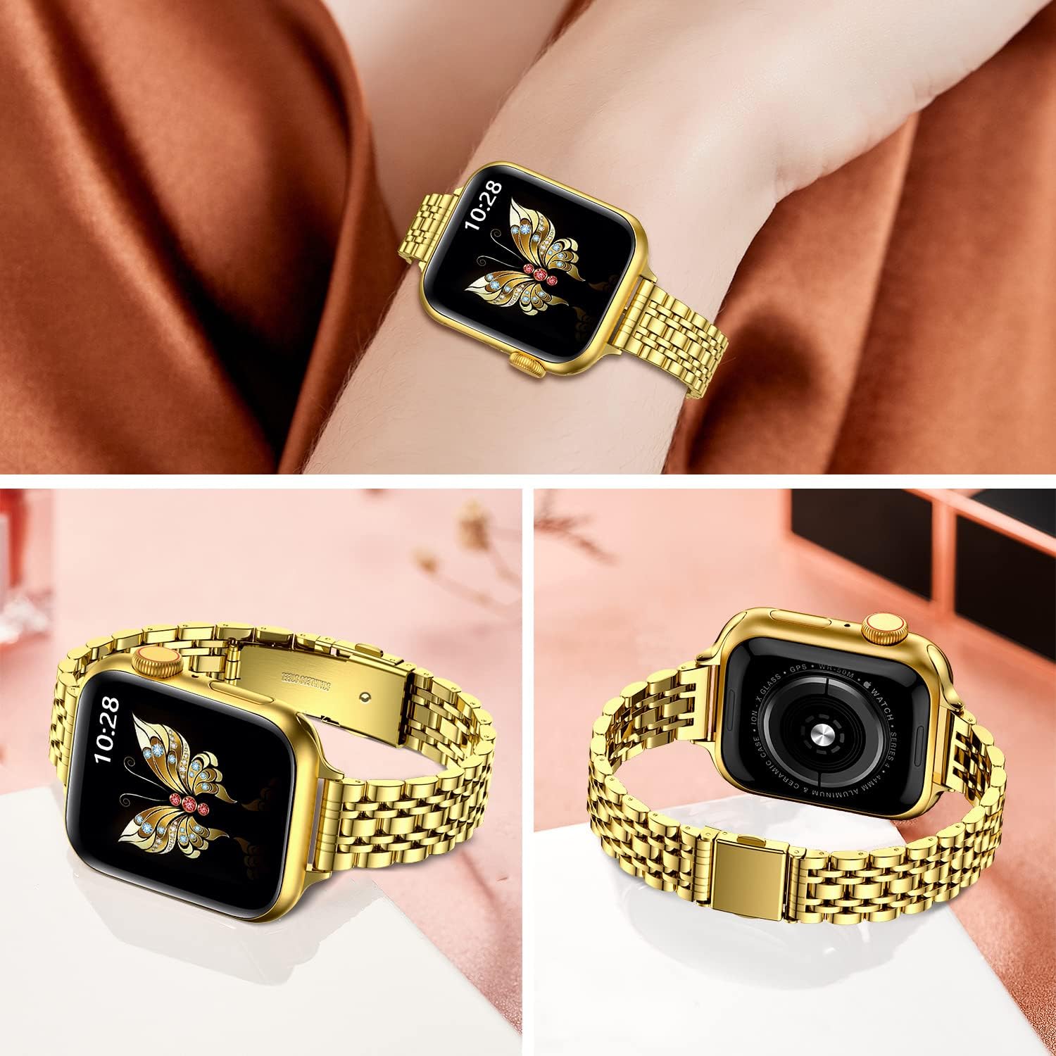 Detalle de MioHHR Slim Stainless Steel Chain Band for Apple Watch (Gold) – Compatible 38mm to 42mm