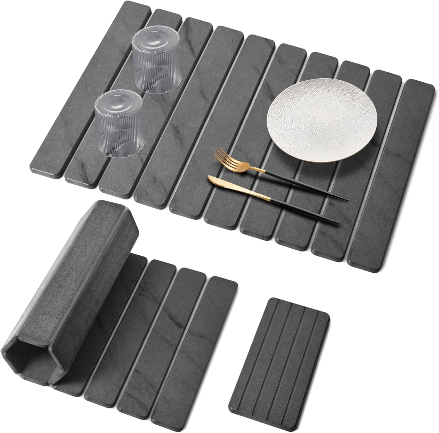 Detalle de Large Stone Dish Drying Mat for Kitchen Counter (Gray Marble, 24" x 16" + 8" x 4" Coaster)
