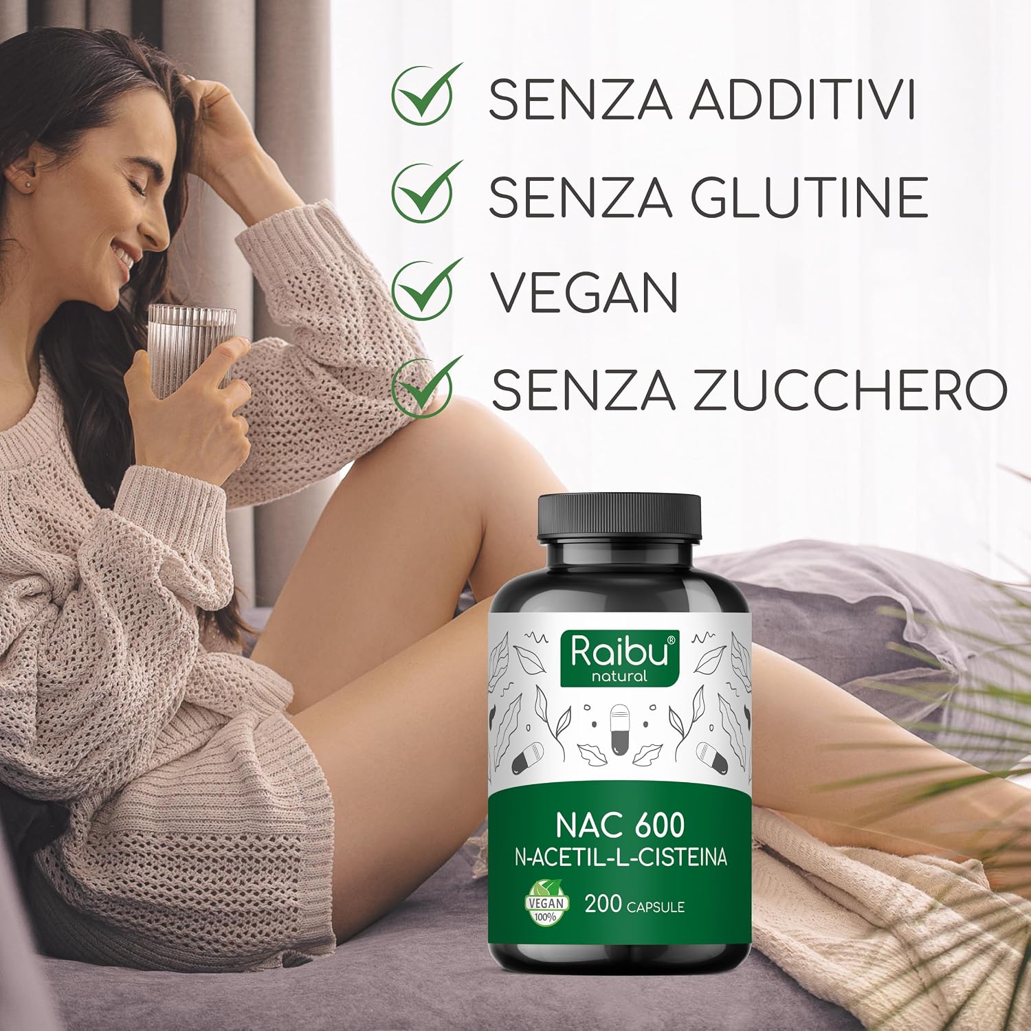 Detalle 2 de Raibu NAC N‑Acetil‑Cisteina 600 mg, 200 capsule 💊