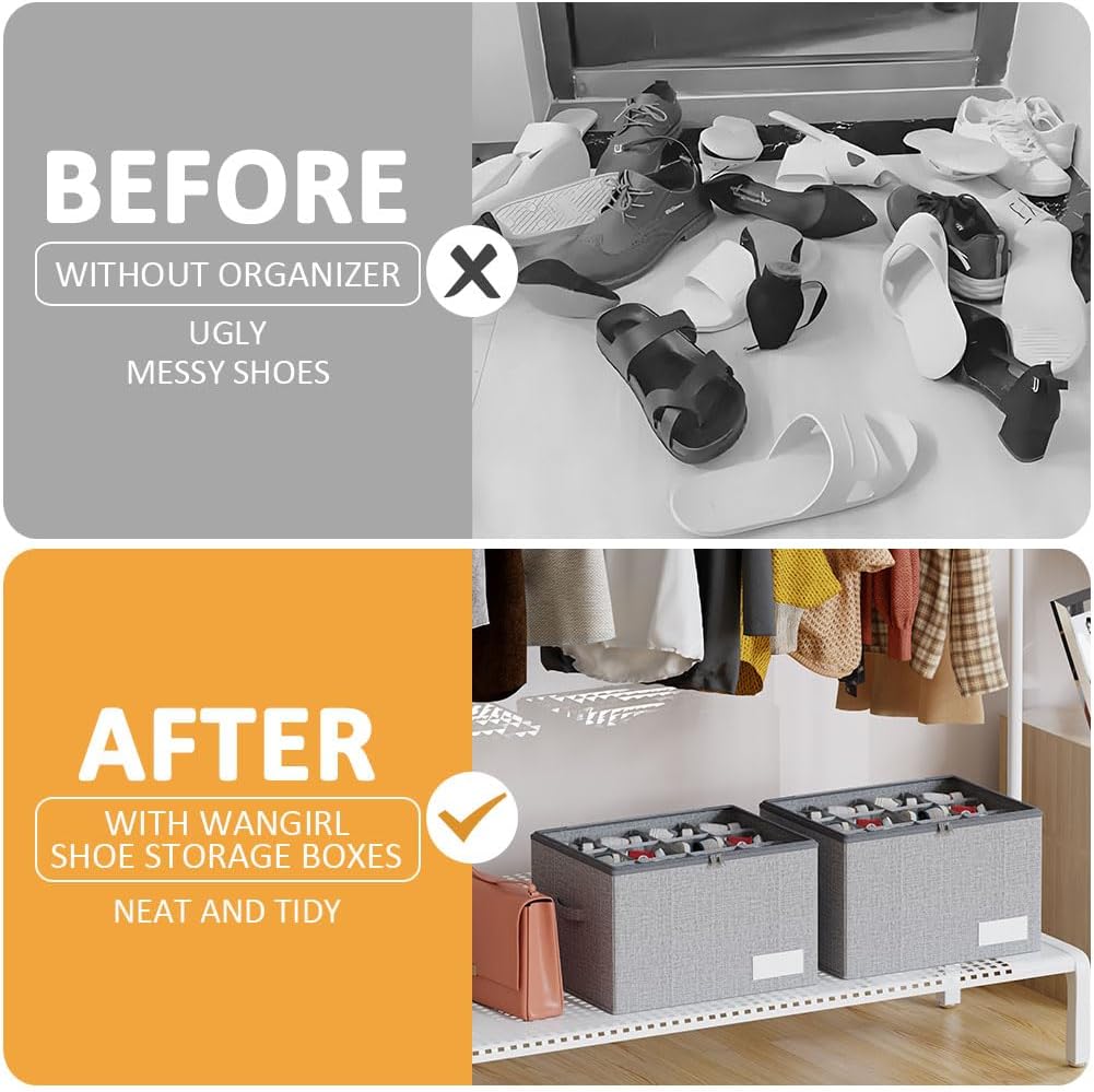 Detalle de WANGIRL Fabric Shoe Storage Box (Grey) – Foldable organiser for 12 pairs with clear zip lids