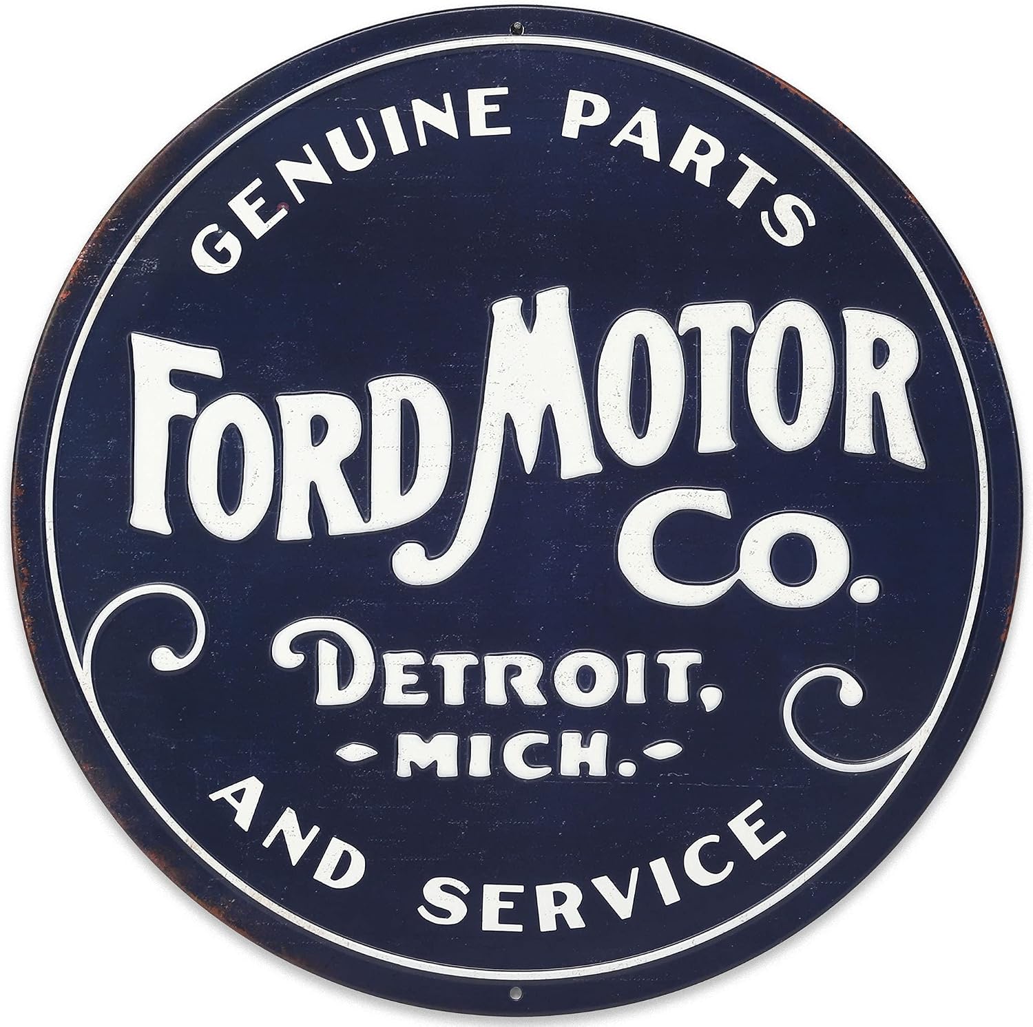 Detalle de Open Road Brands 90187898-S – okrągły metalowy znak Ford, granatowo-biały vintage