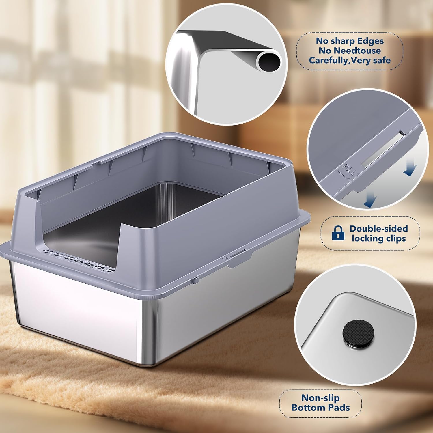 Detalle de KITCATY CALB-301LG Stainless Steel Cat Litter Box, XXL, 12-Inch High Sides