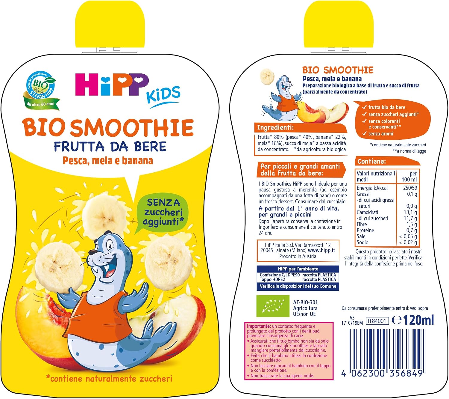 Detalle de HiPP Smoothies Bio Gusto Mela, Banana e Pesca – 6 Tubetti da 120 ml (720 g) di frutta BIO