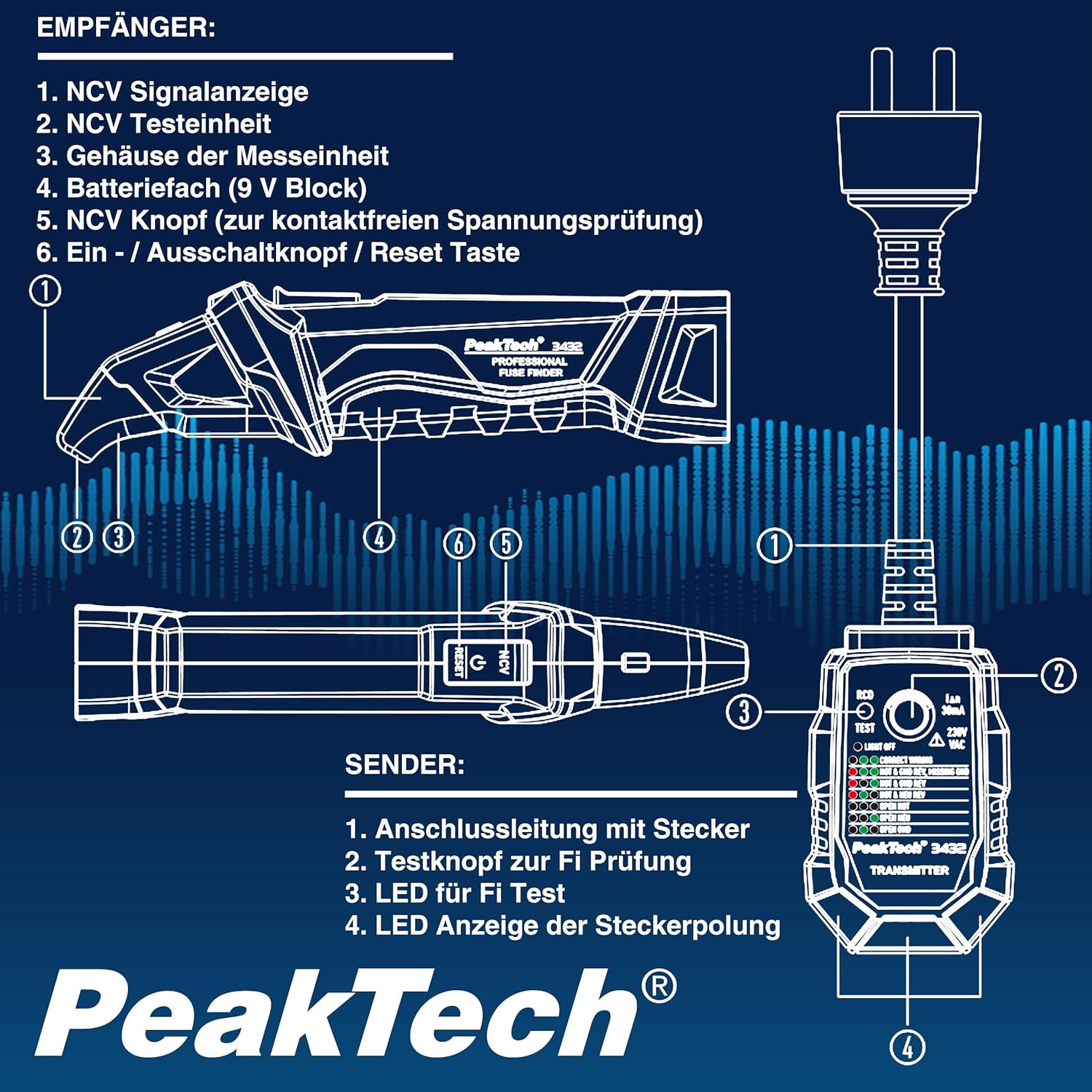 Thumbnail 6 de PeakTech P 3432 Sicherungsfinder und Spannungsprüfer – NCV-Phasenprüfer mit Steckdosentester