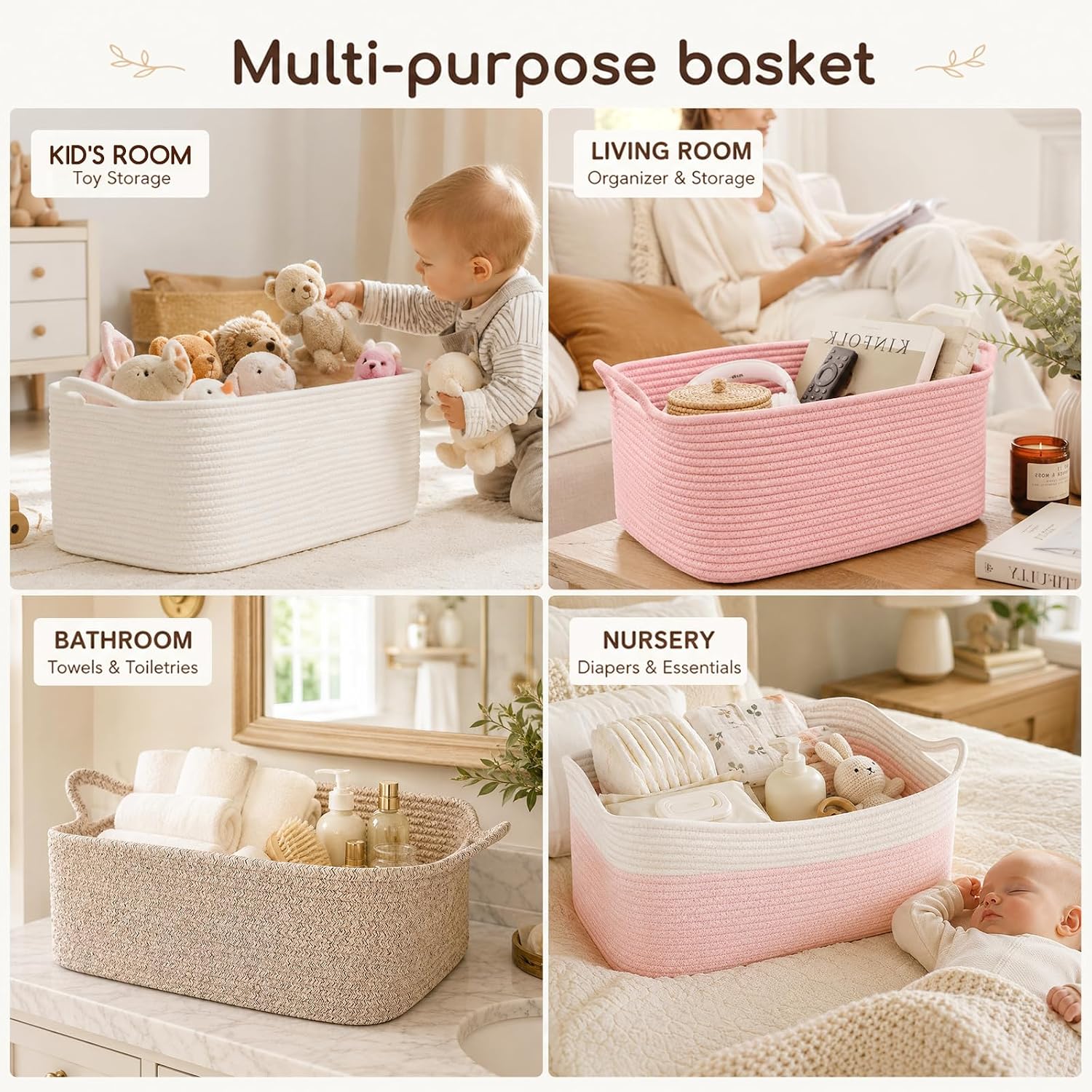 Thumbnail 3 de OIASKET MSFD74P100 Cotton Rope Gift Basket, Pink and White, 25-Liter Capacity
