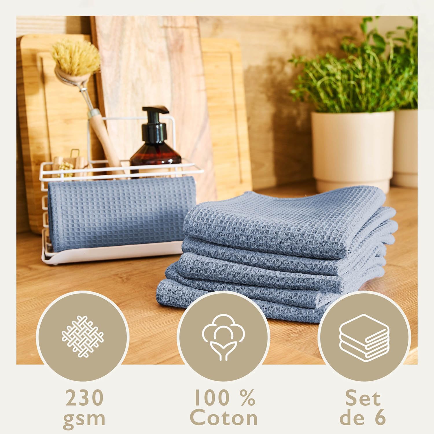 Thumbnail 1 de Blumtal Lot de 6 torchons cuisine 30 x 30 cm en coton gaufré bleu