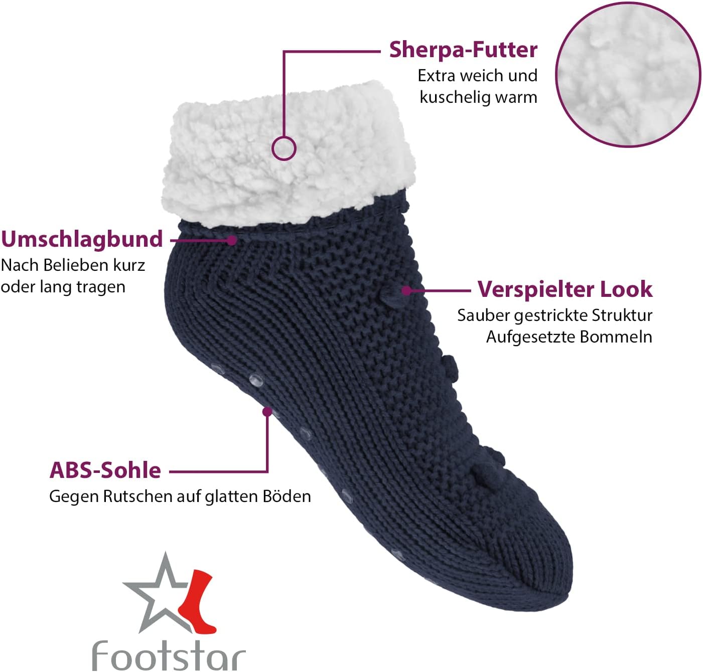 Detalle 2 de Footstar Women's Soft Winter Socks with ABS Grip and Pom-Pom Detail
