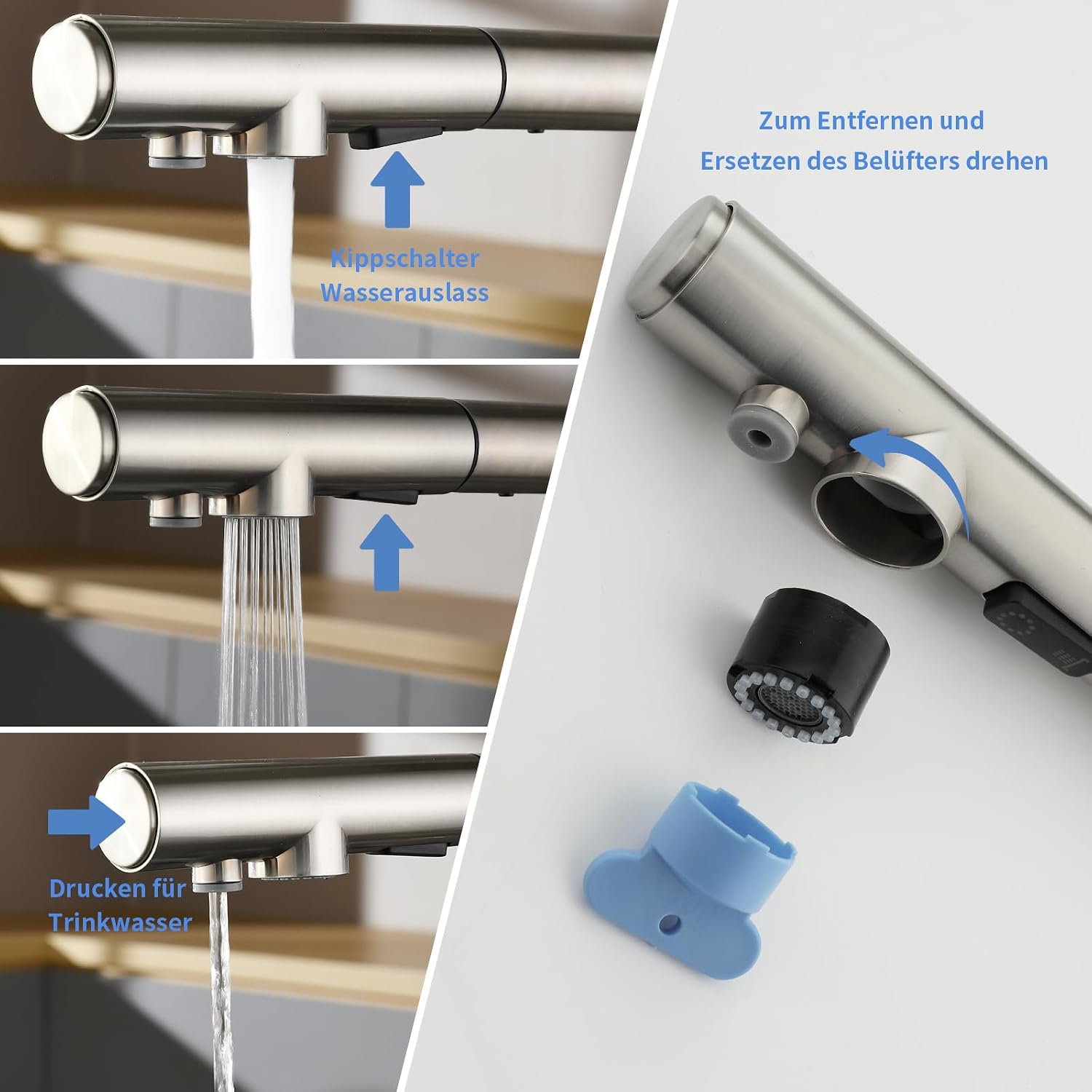 Detalle 1 de LakeBayMZC MZC-YN-S3049-5J – trójdrożna bateria kuchenna 304 z wyciąganą wylewką
