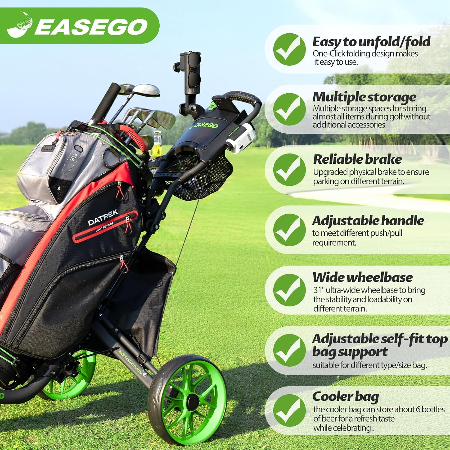Detalle 2 de EASEGO Golf Push Cart 3-Wheel foldable golf caddy ⛳