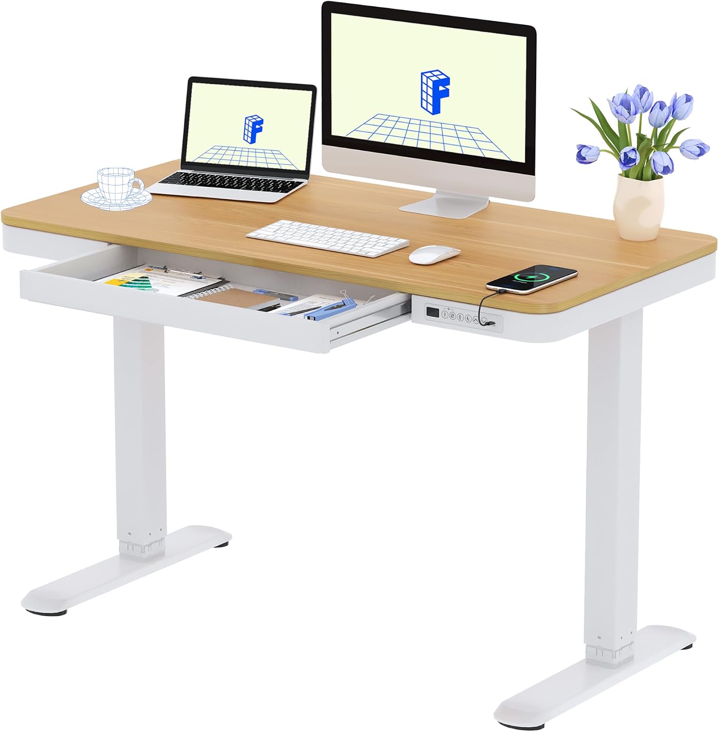 Detalle de FLEXISPOT Electric Standing Desk, 120 x 60 cm Maple Top with Drawer and Memory