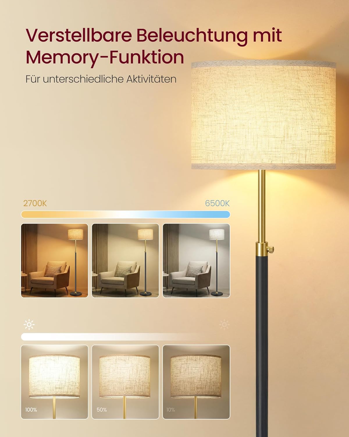 Thumbnail 2 de VASAGLE höhenverstellbare Stehleuchte LFL005BD02 (140–170 cm) mit Fußtaster, Fernbedienung & Memory