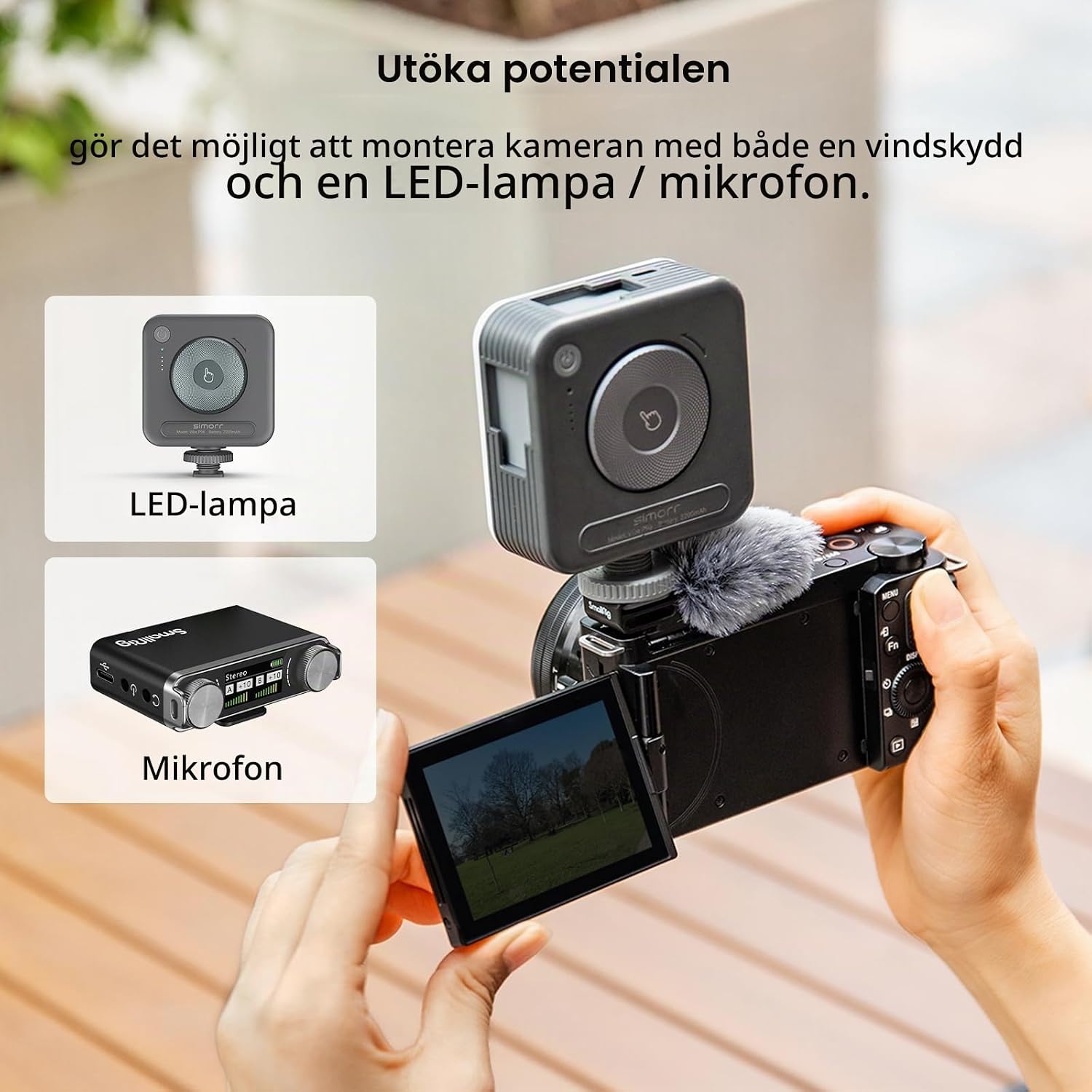 Detalle de SMALLRIG 3526 kallskoadapter med pälsvindskydd för Sony ZV-kameror