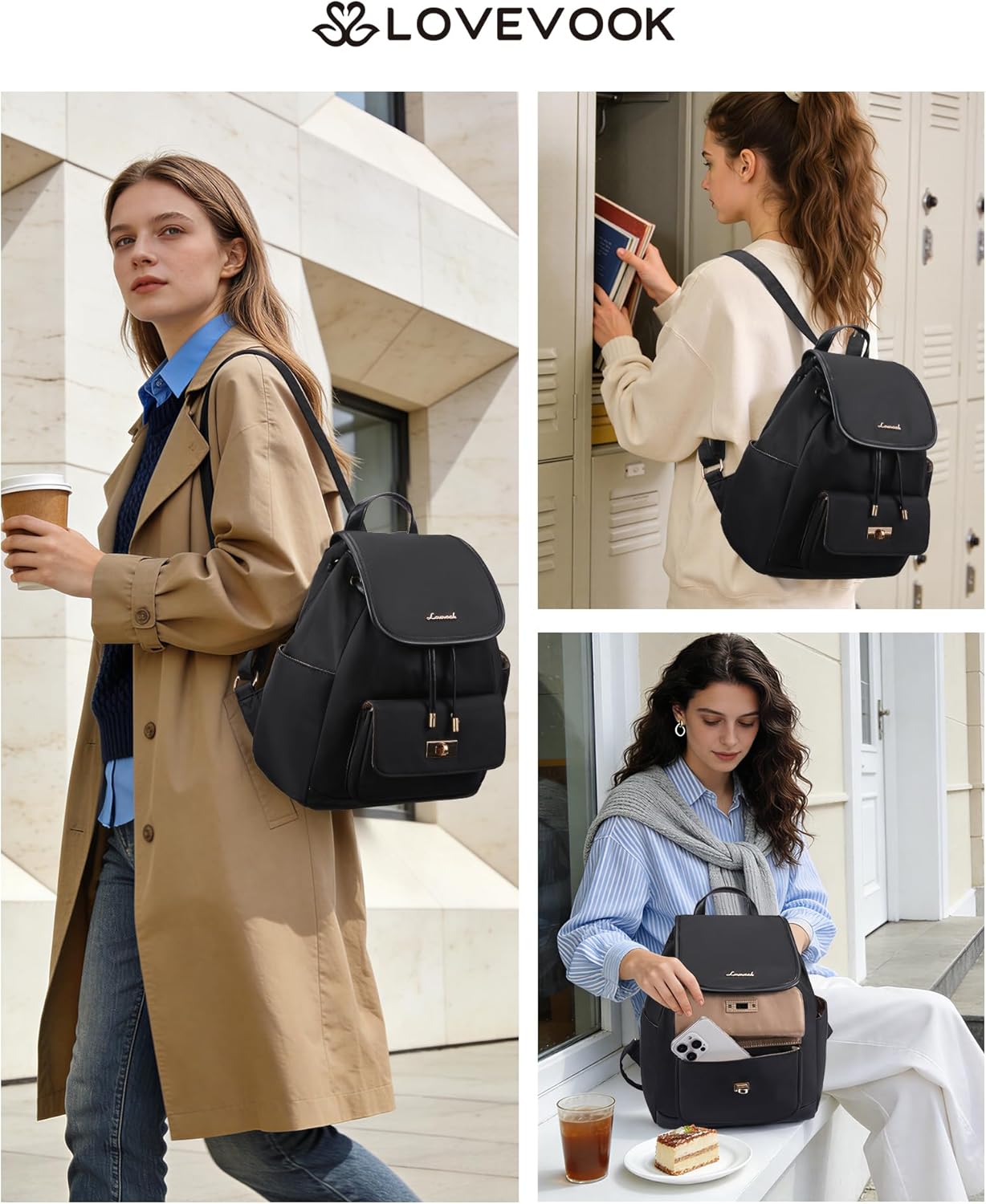 Detalle de LOVEVOOK Damen-Rucksack klein mit 11-Zoll-Fach und seitlicher Wasserflaschentasche – beige-grün