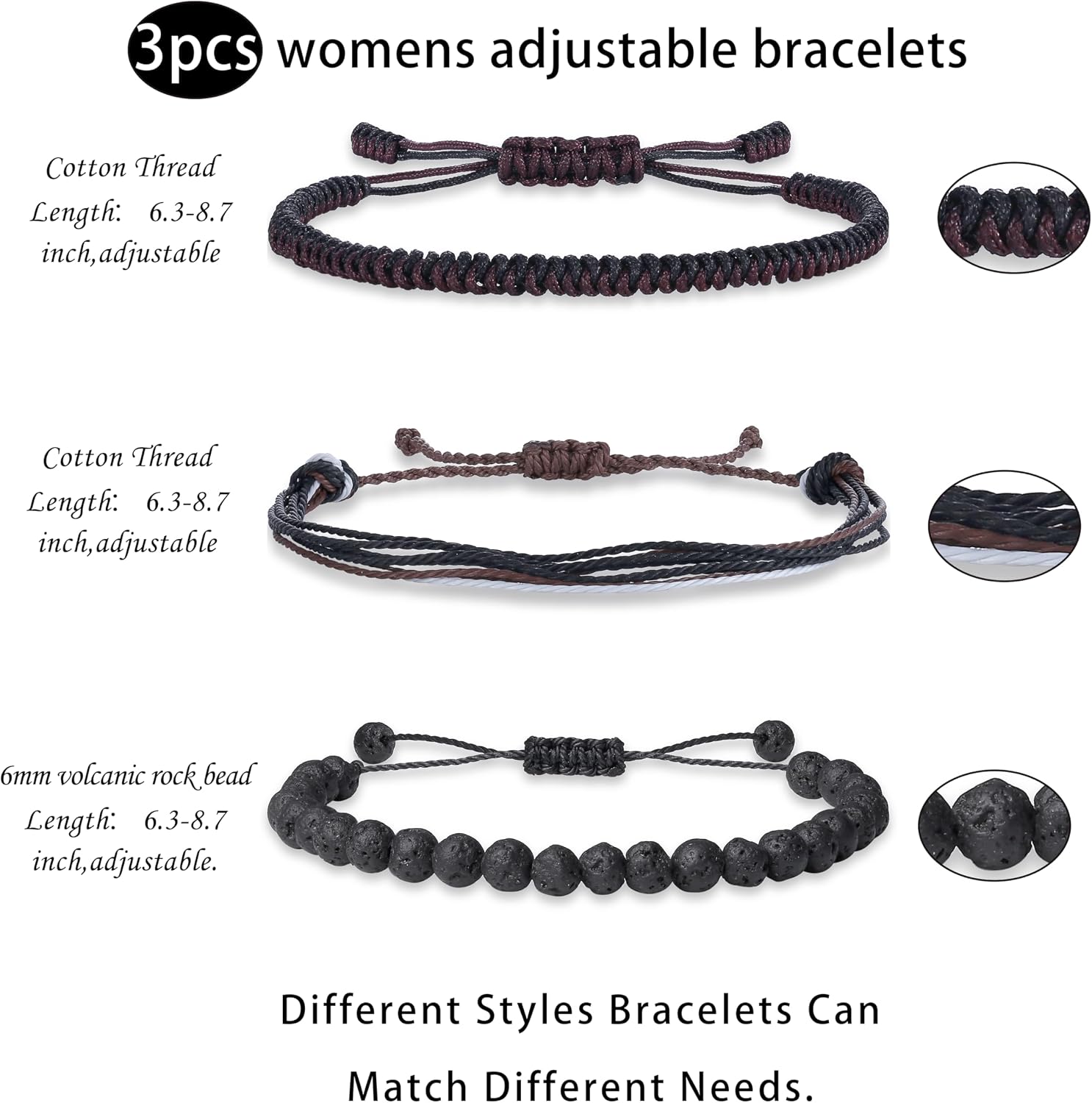Thumbnail 4 de XIANNVXI 3 Pcs Women Handmade Healing Bracelets Set – 6mm Crystal Beads, Waterproof Adjustable Rope