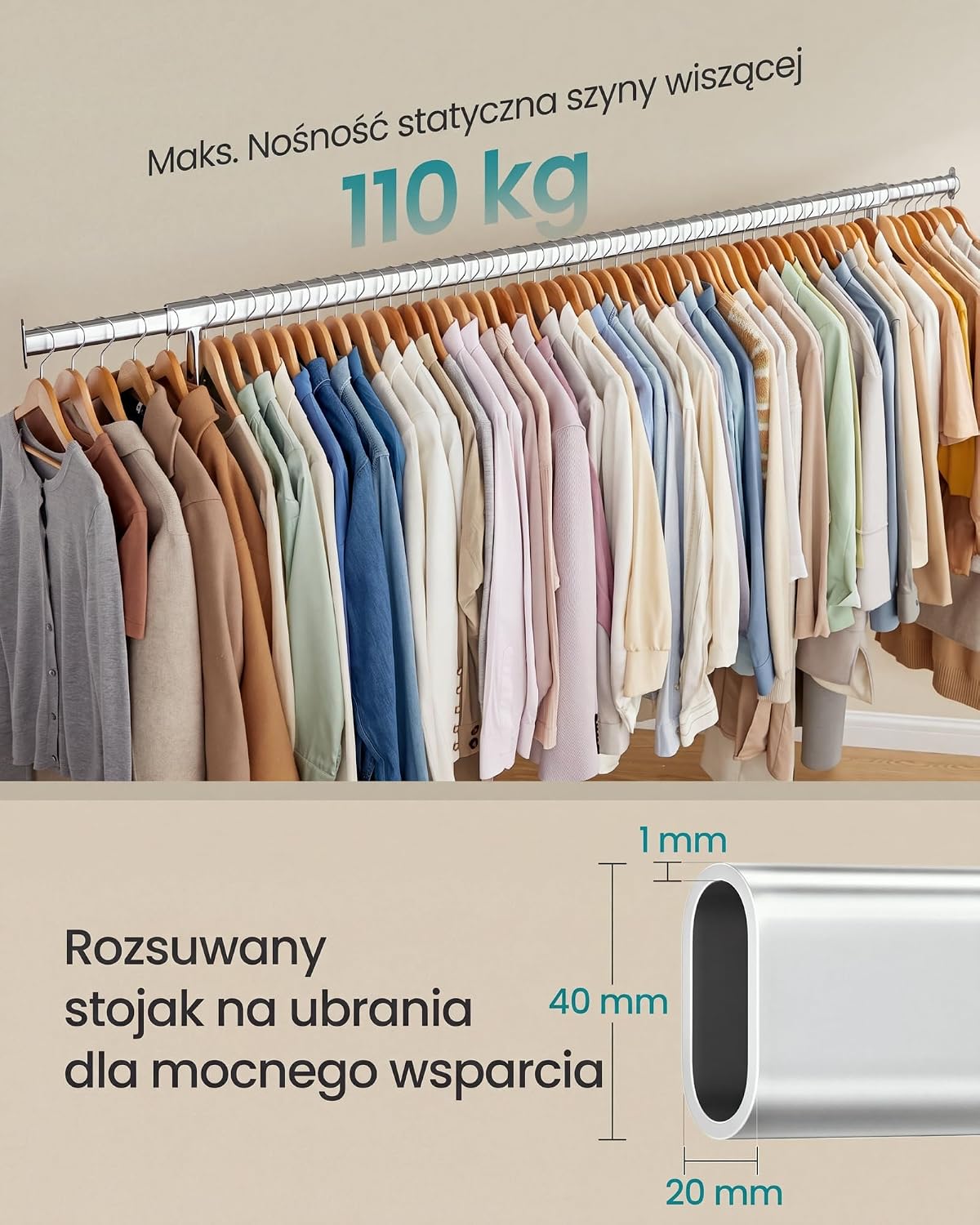 Detalle de SONGMICS PATAYE HSR176E01 – wieszak na kółkach, regulowany drążek, do 110 kg