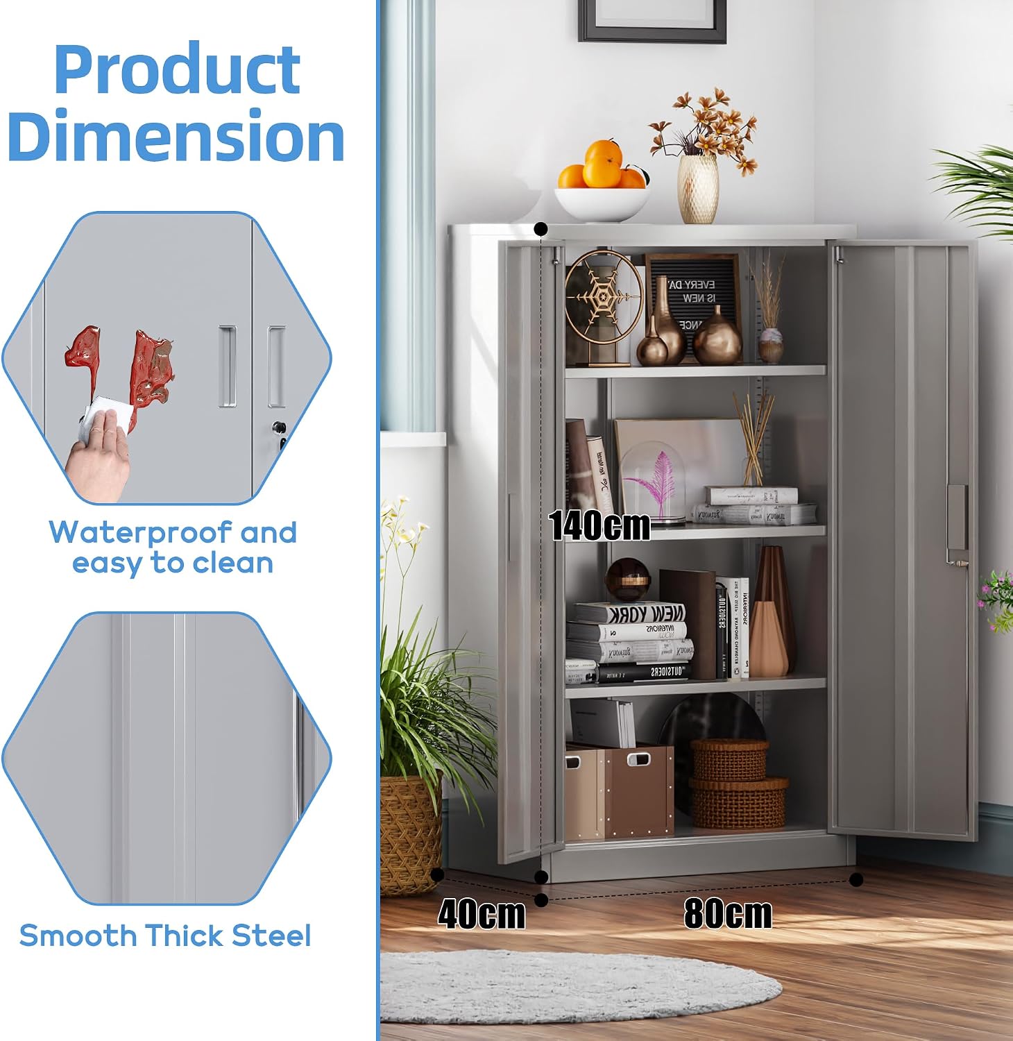Detalle de SUPEER Metal Storage Cabinet with 2 Doors and 3 Adjustable Shelves (140 x 80 x 40 cm) in Grey