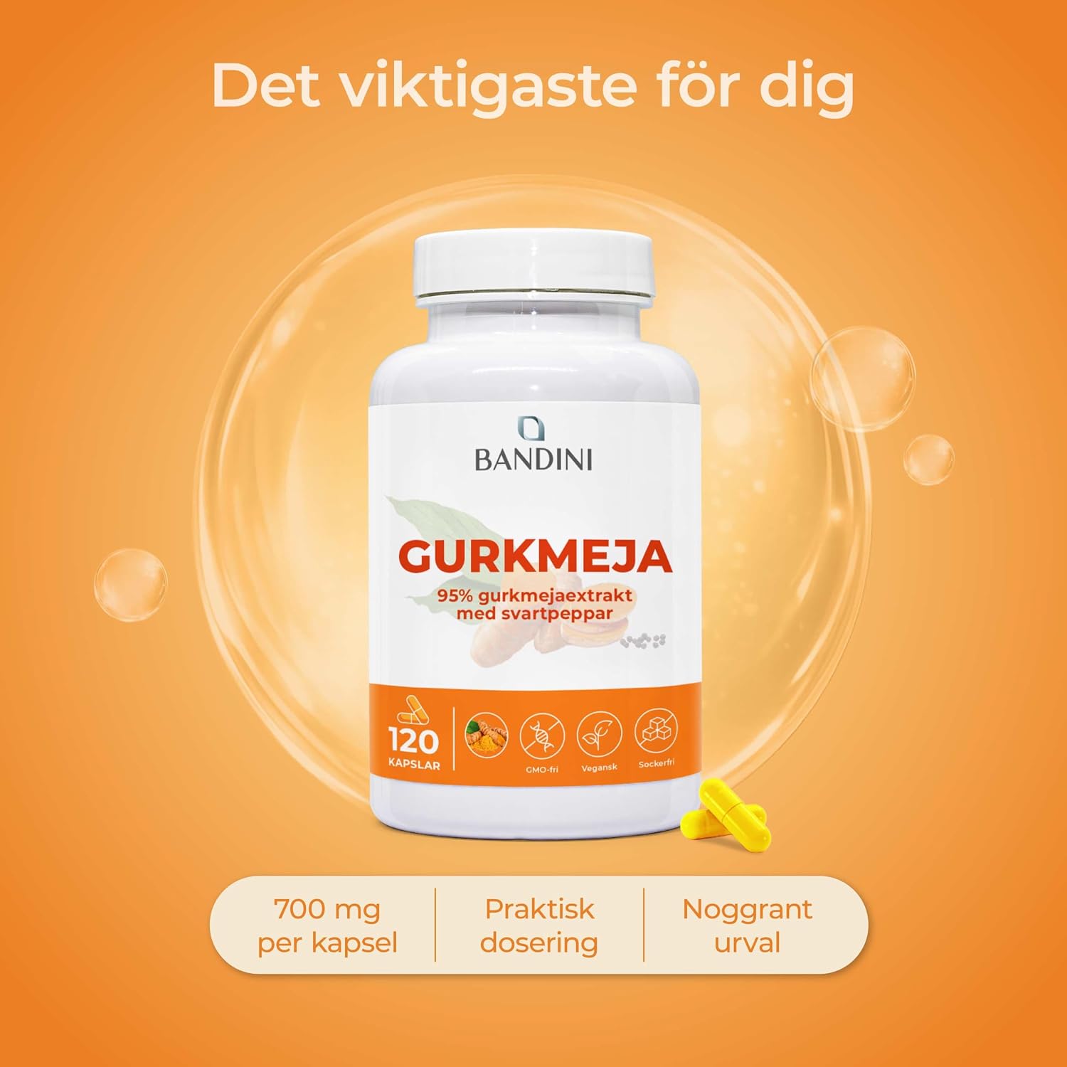 Detalle de BANDINI Turmeric gurkmejakapslar, 120 kapslar med svartpeppar och piperin