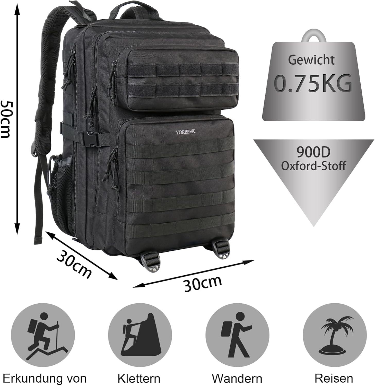 Detalle 2 de YOREPEK Militär Rucksack 40L Schwarz
