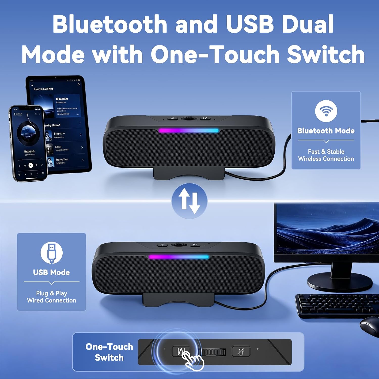 Thumbnail 6 de OHAYO Z1 Clip-On Computer Speaker, 16W Stereo, Bluetooth 5.3 and RGB