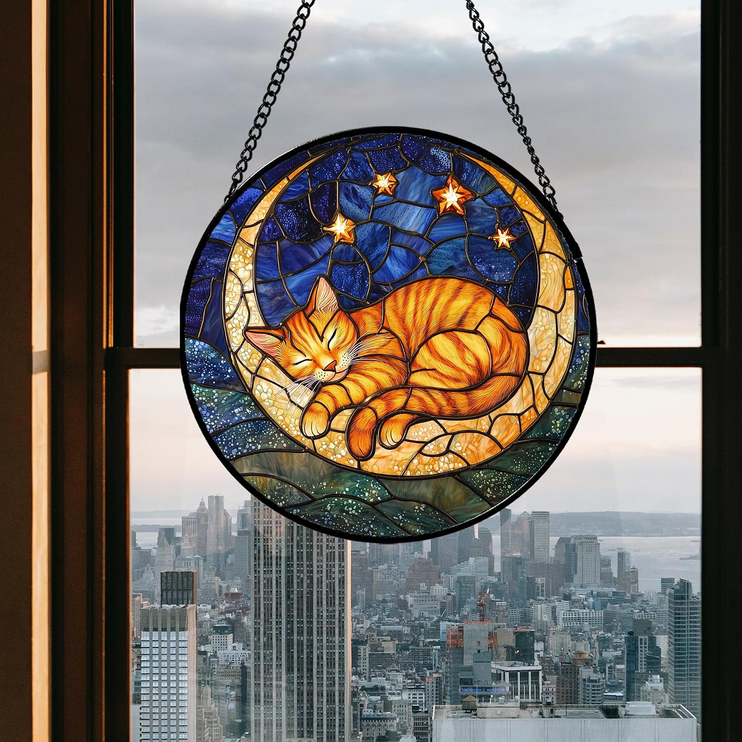 Detalle de AMDERVEN Orange Cat Moon Window Suncatcher, 9.8-Inch Blue Starry Sky