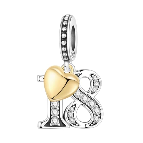 Detalle de PANPOKI Zahl Charm für Armband & Halskette – Sterling Silber 925 mit Zirkon & 18K vergoldetem Herz