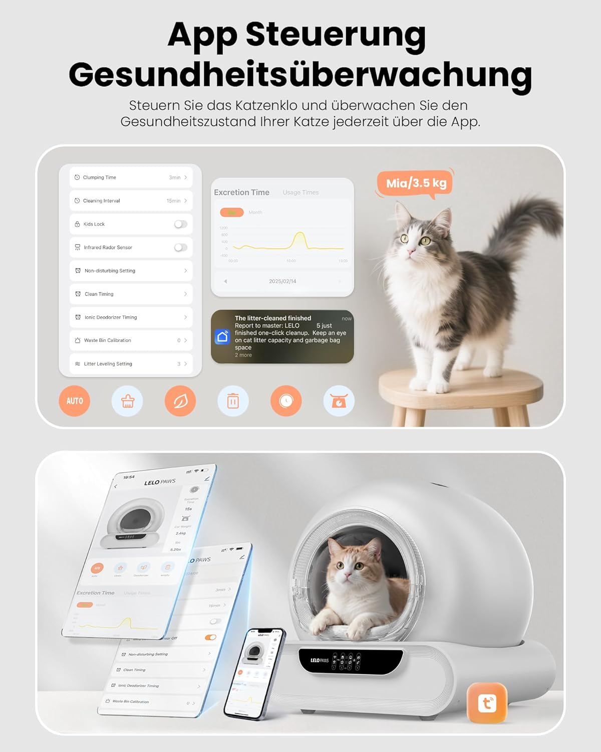 Thumbnail 1 de LELO PAWS Selbstreinigende Katzentoilette XXL – 65 L Innenraum, App-Überwachung, Türvorhang, Grau