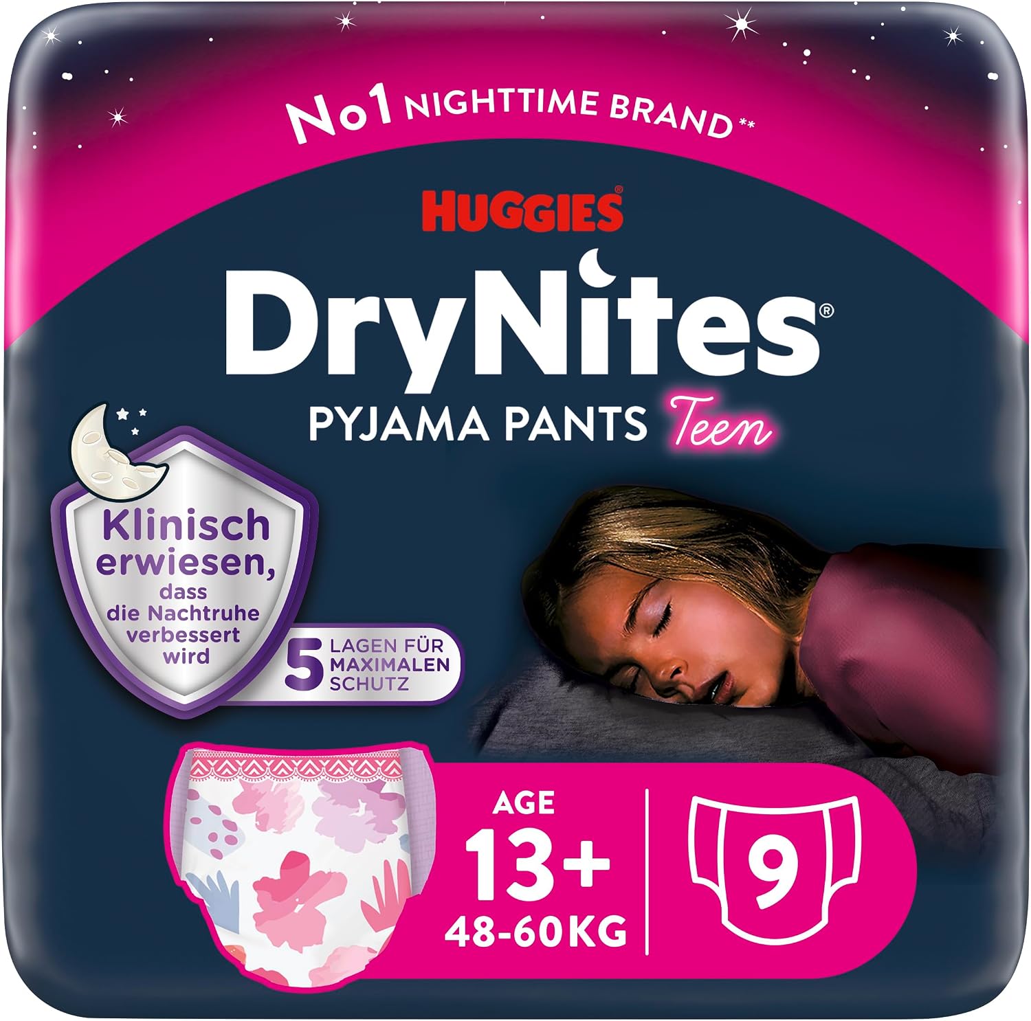Detalle de Huggies DryNites Nachtwindeln bei Bettnässen – Mädchen ab 13 bis ca. 17 Jahre, 27 Stück (3x9)
