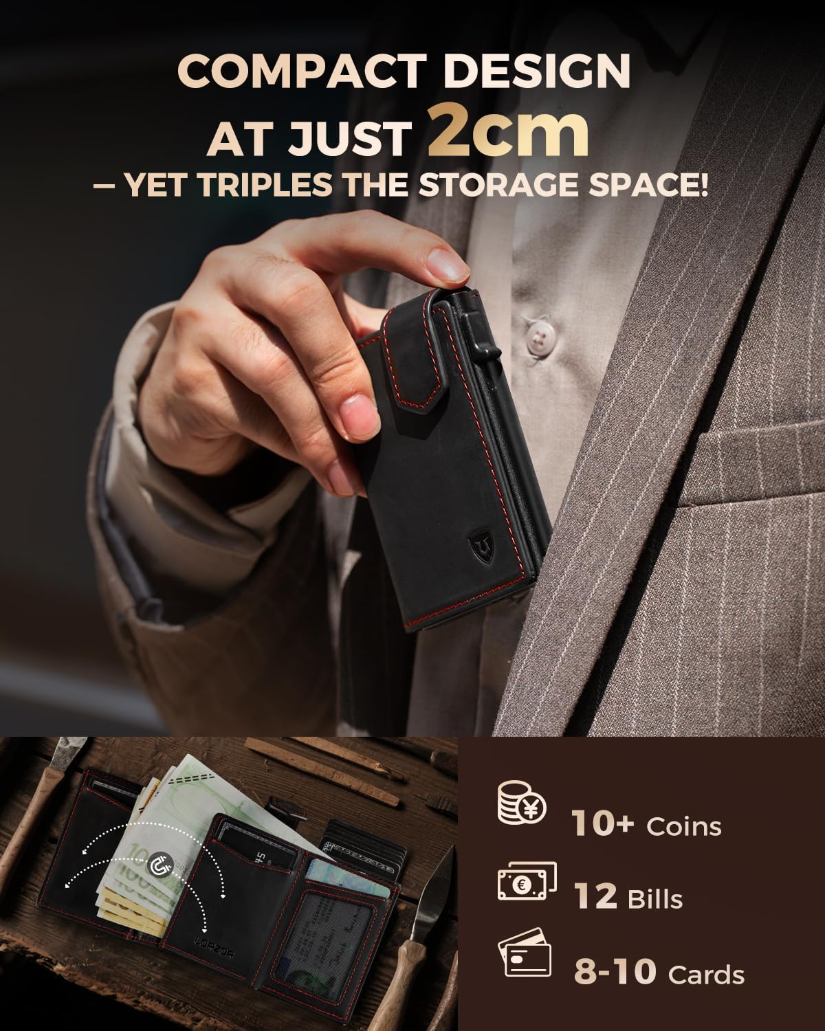 Thumbnail 3 de LORZOR Card Holder Magnetic Closure with XXL Coin Pocket: Slim, RFID‑Protected Leather Wallet