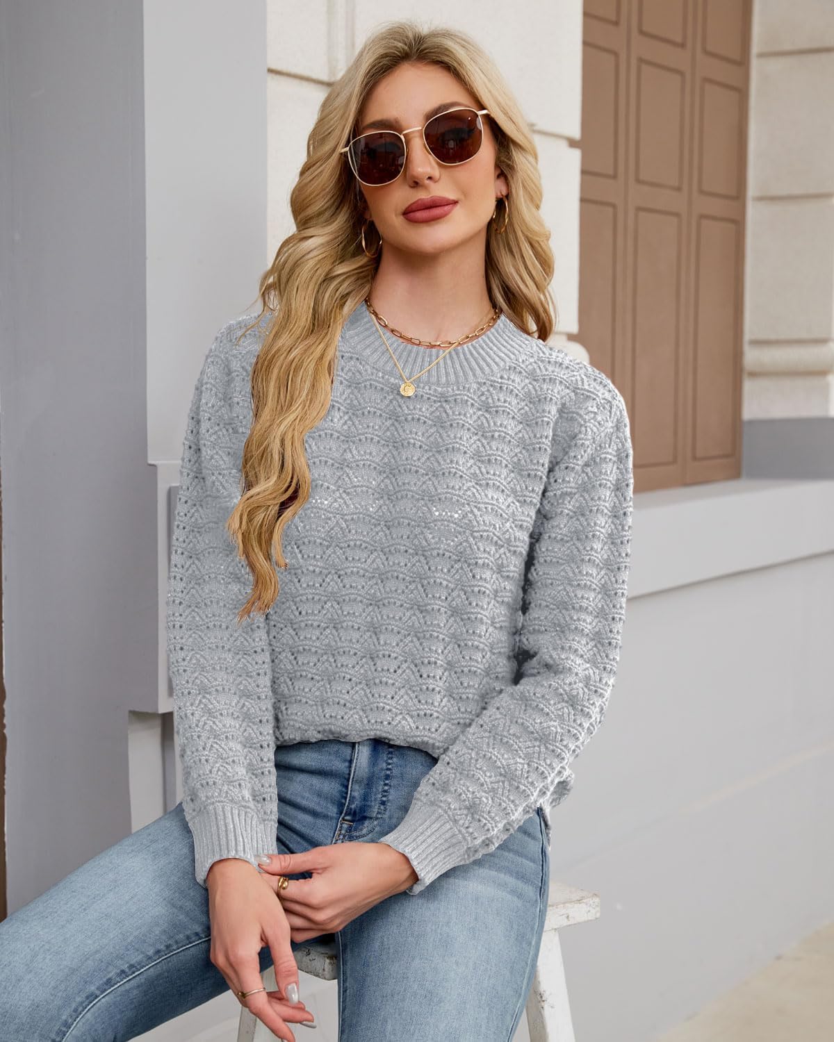 Thumbnail 4 de Quatrefox Damen Pullover Winter Rundhals Grobstrick mit Wellenmuster – locker sitzender Strickpullover