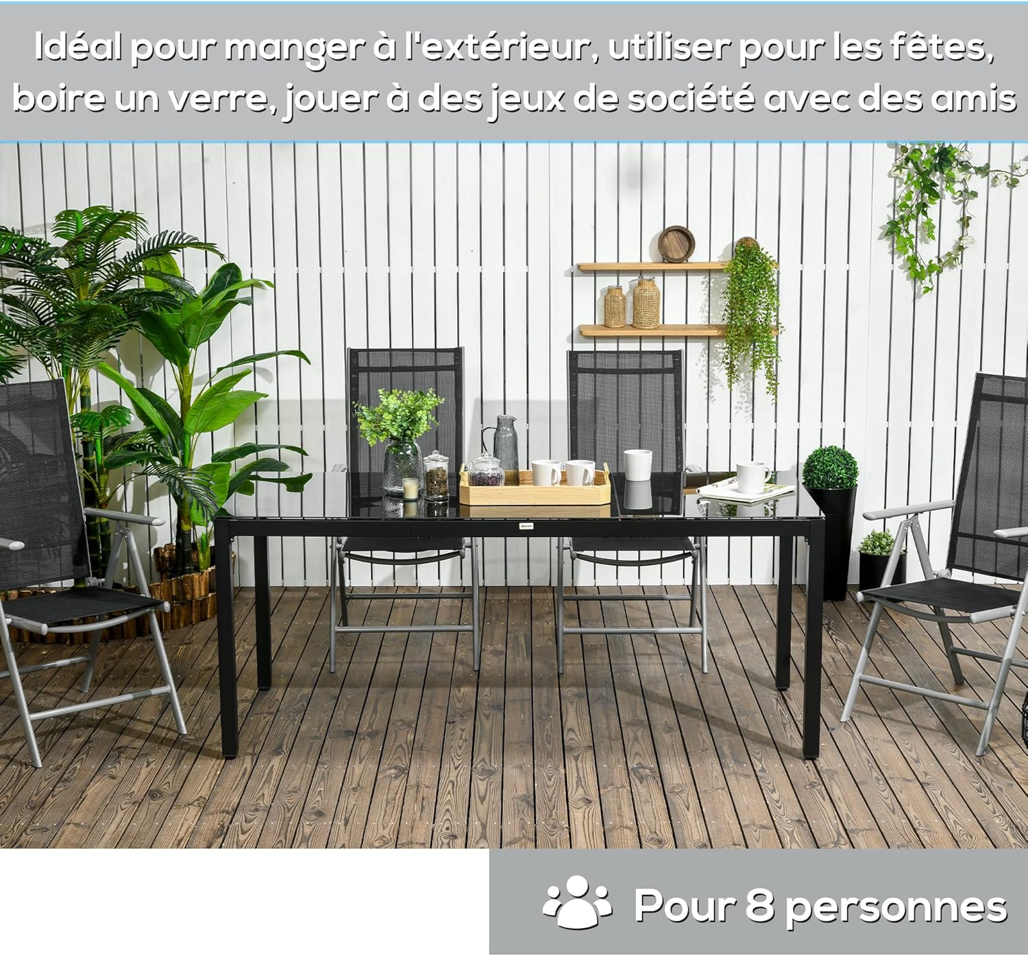 Thumbnail 5 de Outsunny Table de jardin rectangulaire pour 8 personnes en aluminium et verre trempé, 180 x 80 x 72 cm (noir)