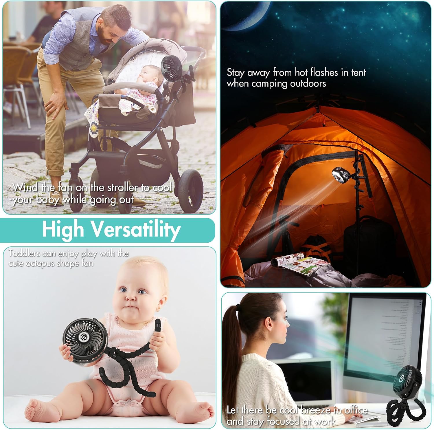 Detalle de Winique Kinderwagen Ventilator Leise Handventilator mit 3 Geschwindigkeiten und 360° Rotation