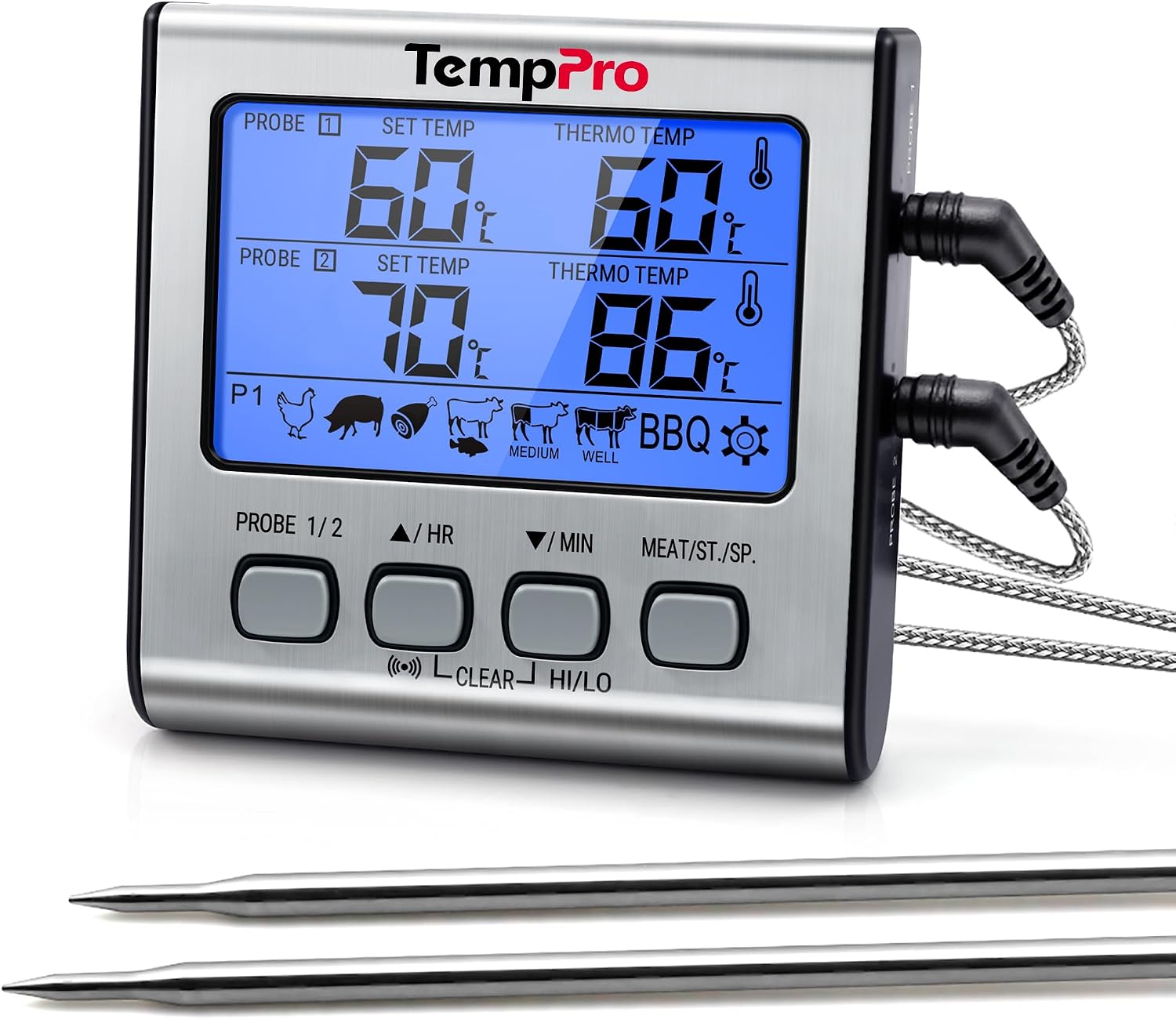 Detalle de ThermoPro TP17 digitales Grillthermometer mit zwei Edelstahlsonden und blauem Hintergrunddisplay (bis 300 °C)