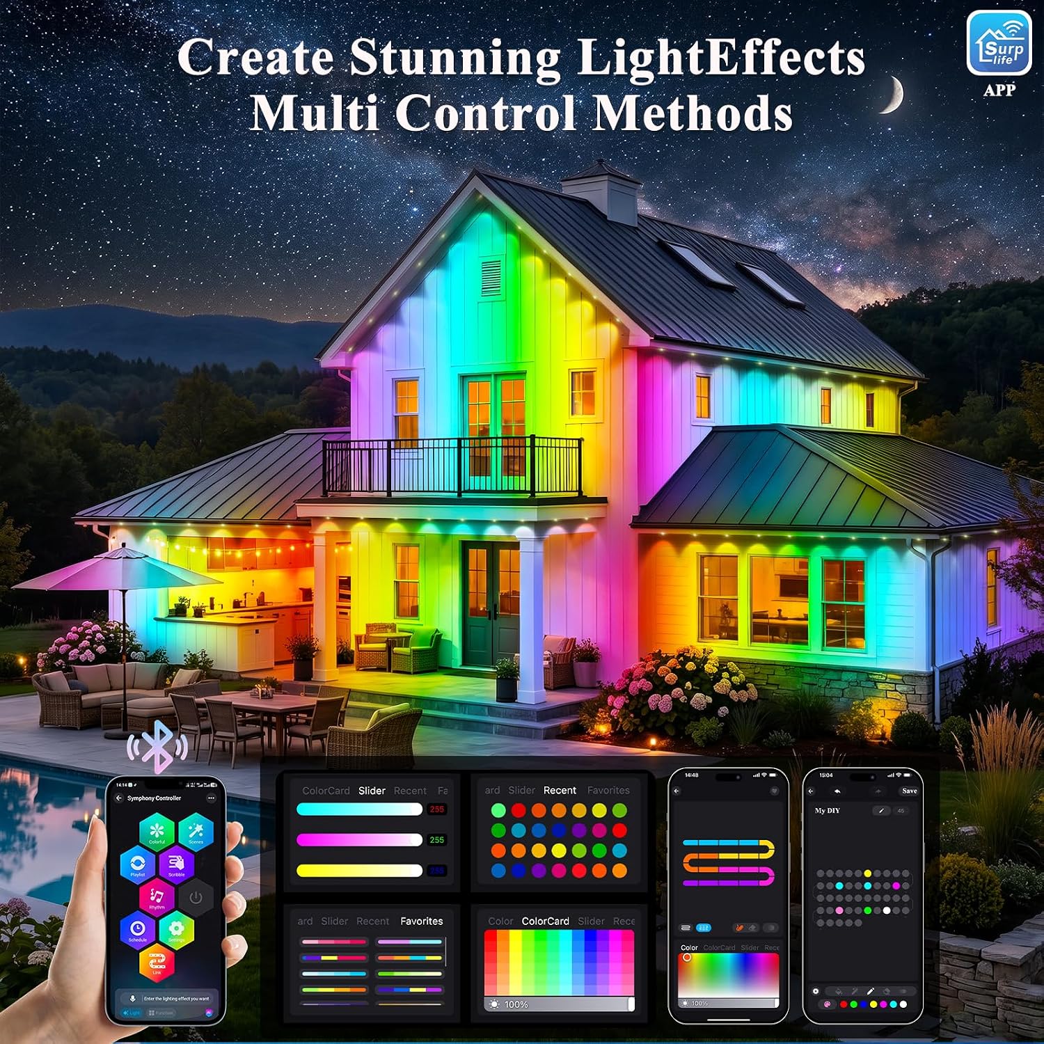 Detalle de JNUNUSE 200FT Permanent Outdoor LED Lights, RGB+IC, IP65, App & Remote Control