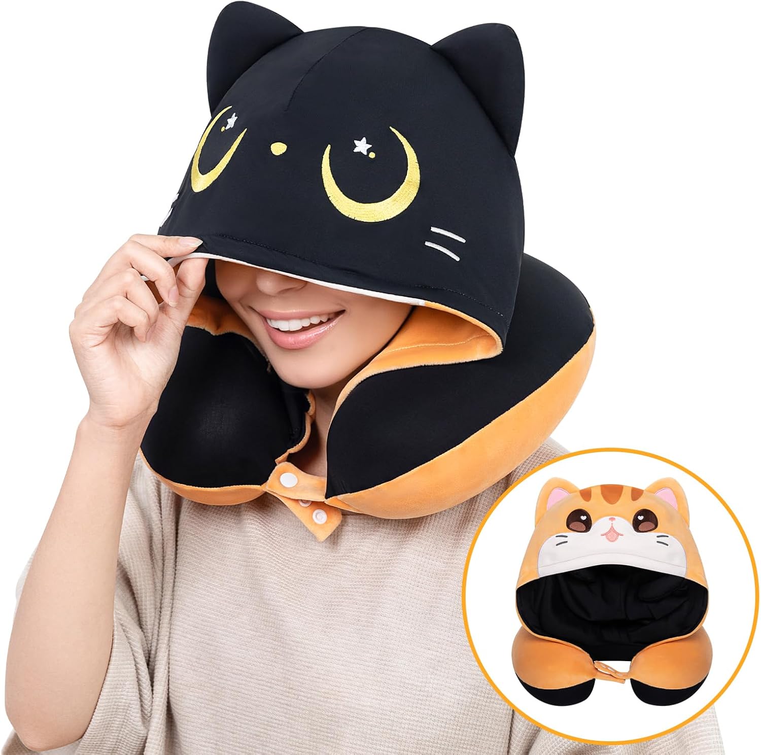 Detalle de Mewaii Oreiller de Voyage avec Capuche — Coussin de Nuque en forme de chat, mousse à mémoire de forme, noir