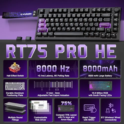 Detalle de YUNZII RT75 Pro HE: teclado gaming 75% con conetividad triple y switches magnéticos
