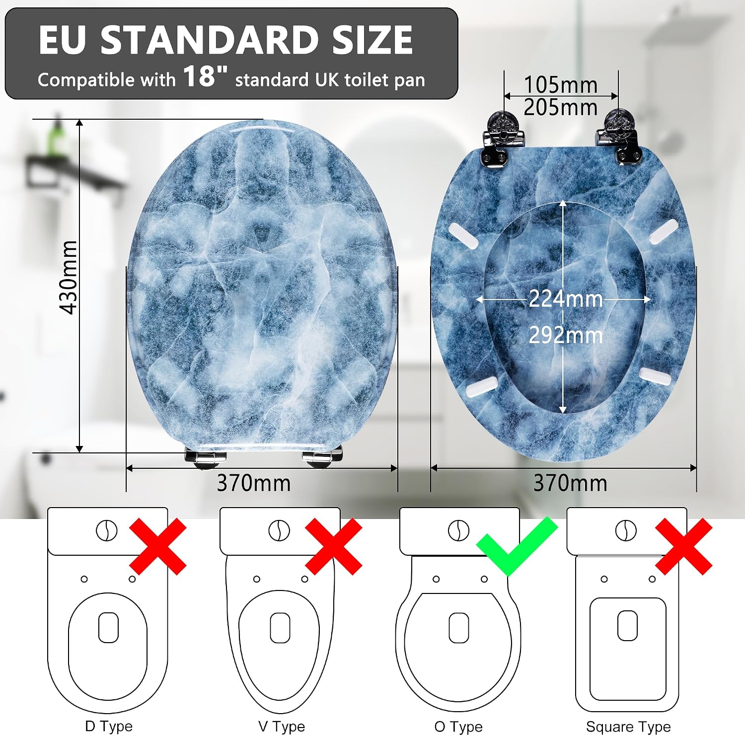 Thumbnail 1 de Angel Shield Molded Wood Toilet Seat with Quiet Close and Quick Release Hinges (45x37cm, Oval) for EU Bottom-Mount Toilets