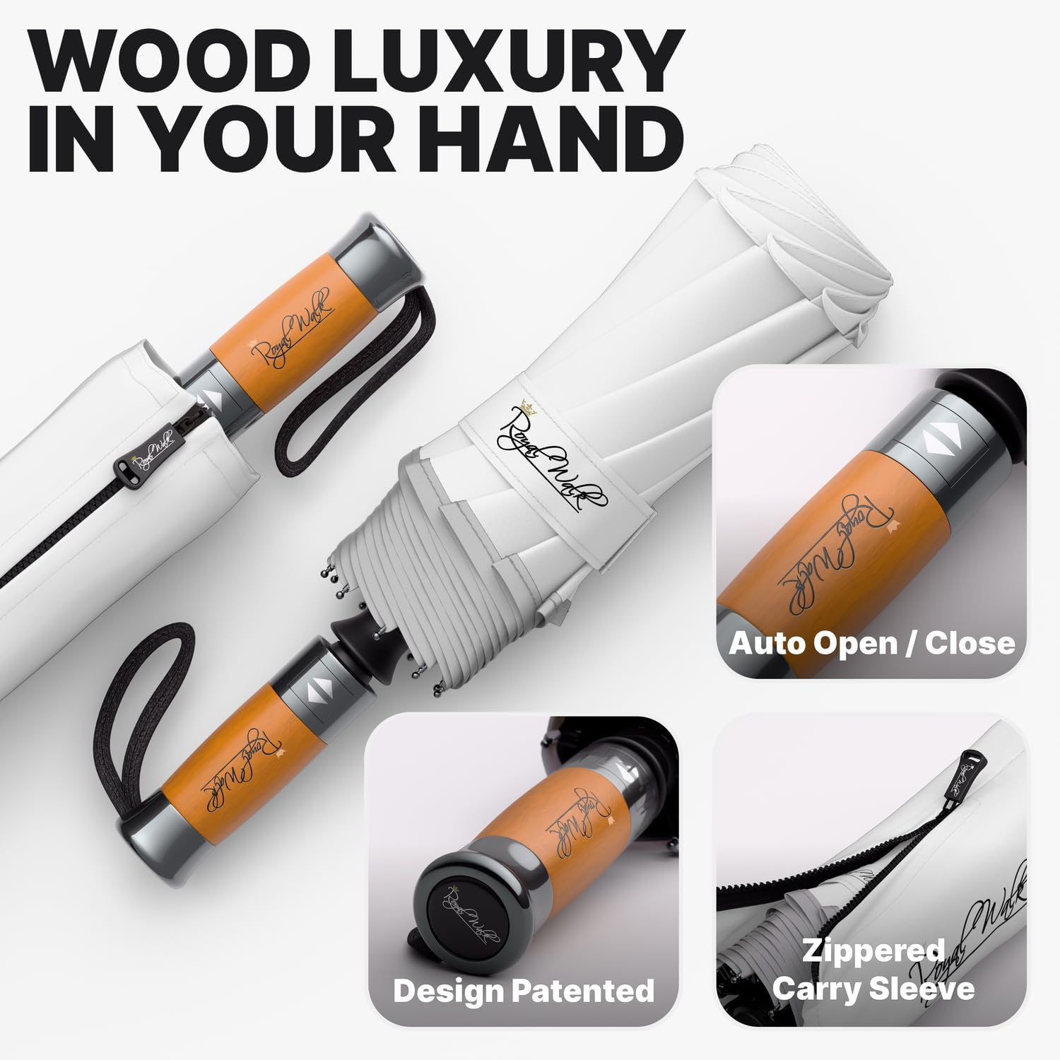Detalle de Royal Walk windproof folding travel umbrella with automatic open/close and genuine real wood handle (White)